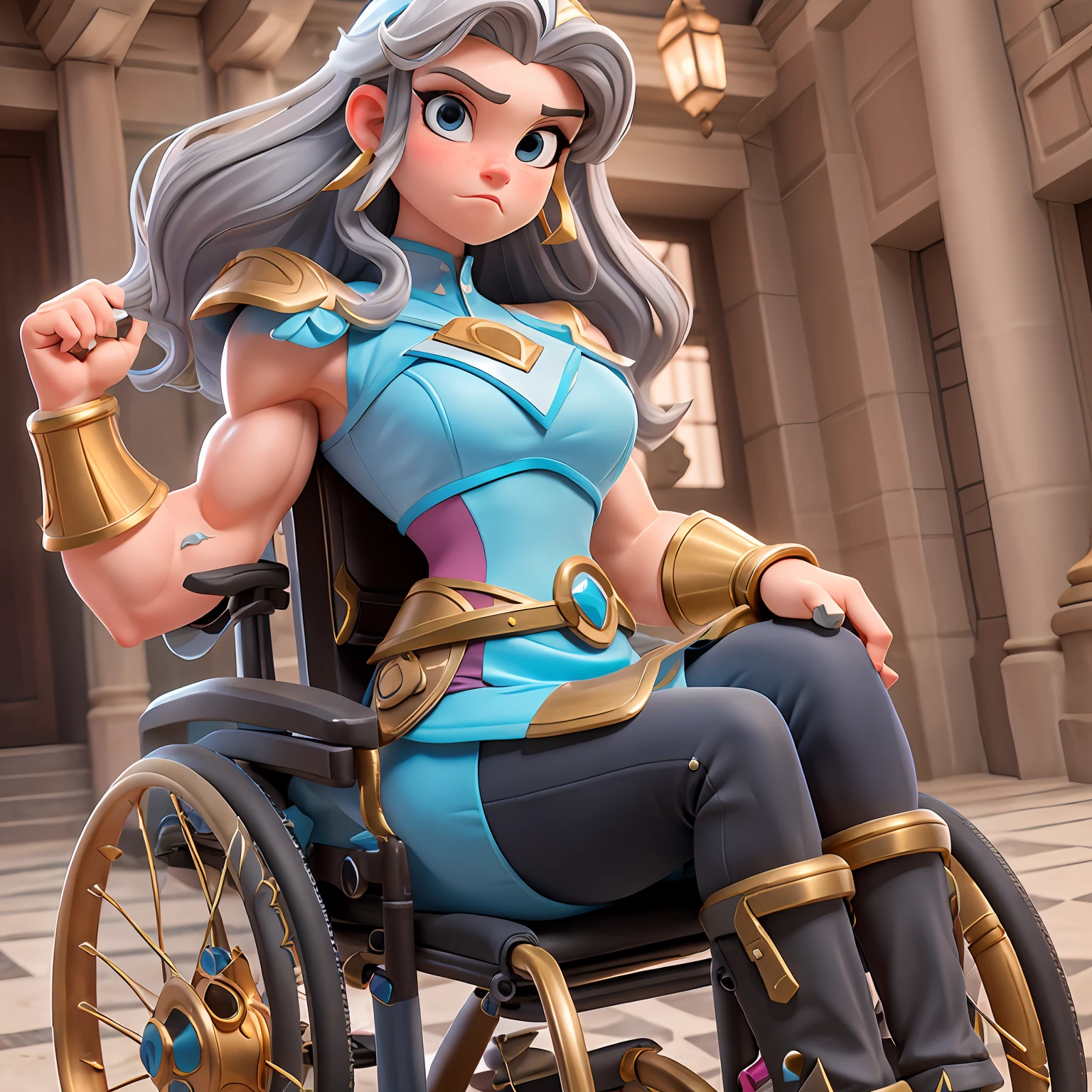 Girl with muscular arms wearing "Silver heroine costume" ("Sara Hyland"), "wheelchair" , muscular arms, cabelos negros lisos, Sobrancelhas Grossas, "Cadeira de rodas", "Estrelas da briga"