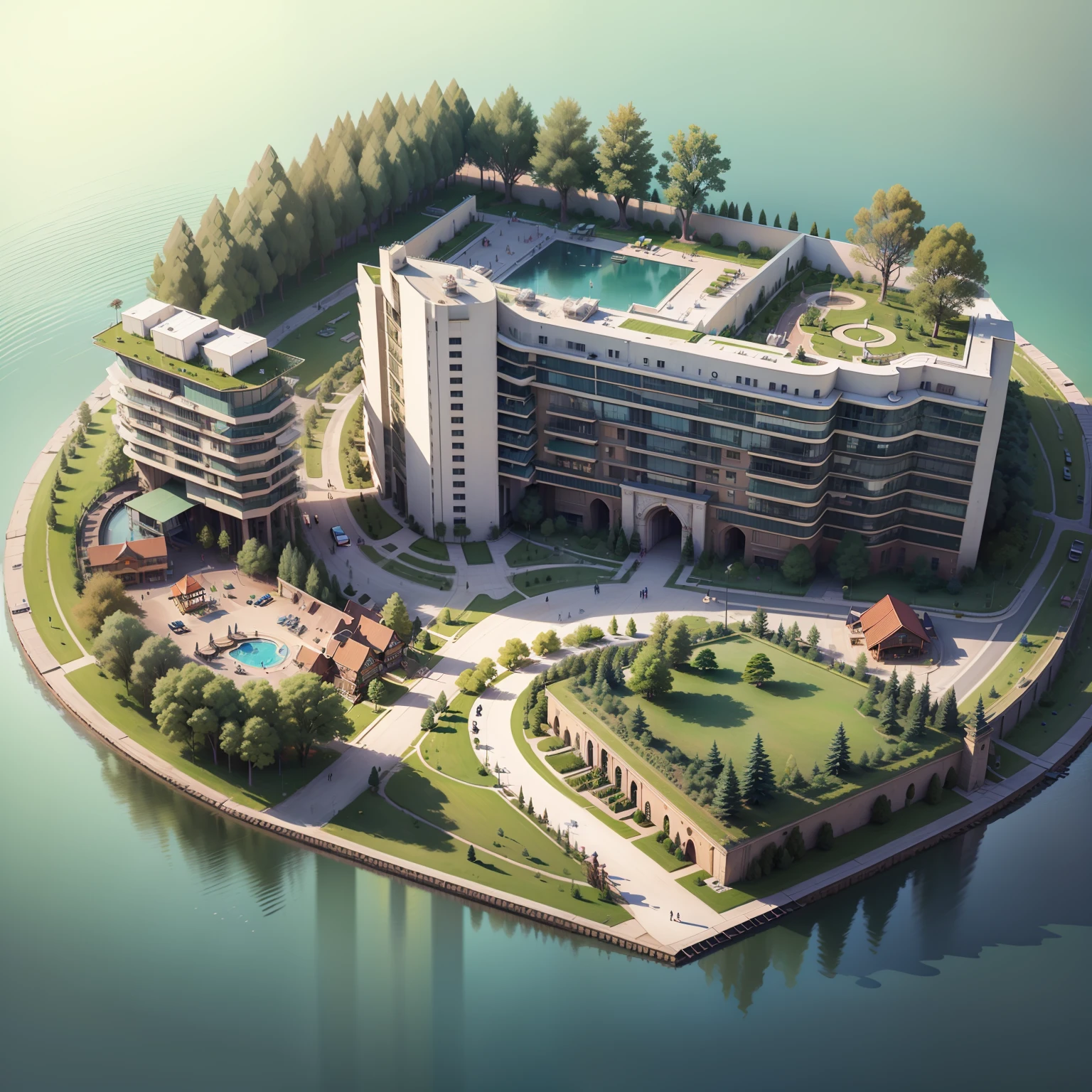 Pixel style,Aerial view of Alafard of the hotel with lake and garden, aerial illustration, highly-detailed illustration, detailed digital illustration, prerendered isometric graphics, isometric aerial view, Resort background, highly detailed scene, Detail 2.5D illustration, hq very detailed, complex 3d scene, isometric map, high detailed illustration, concept art highly detailed,--seed 1960457989