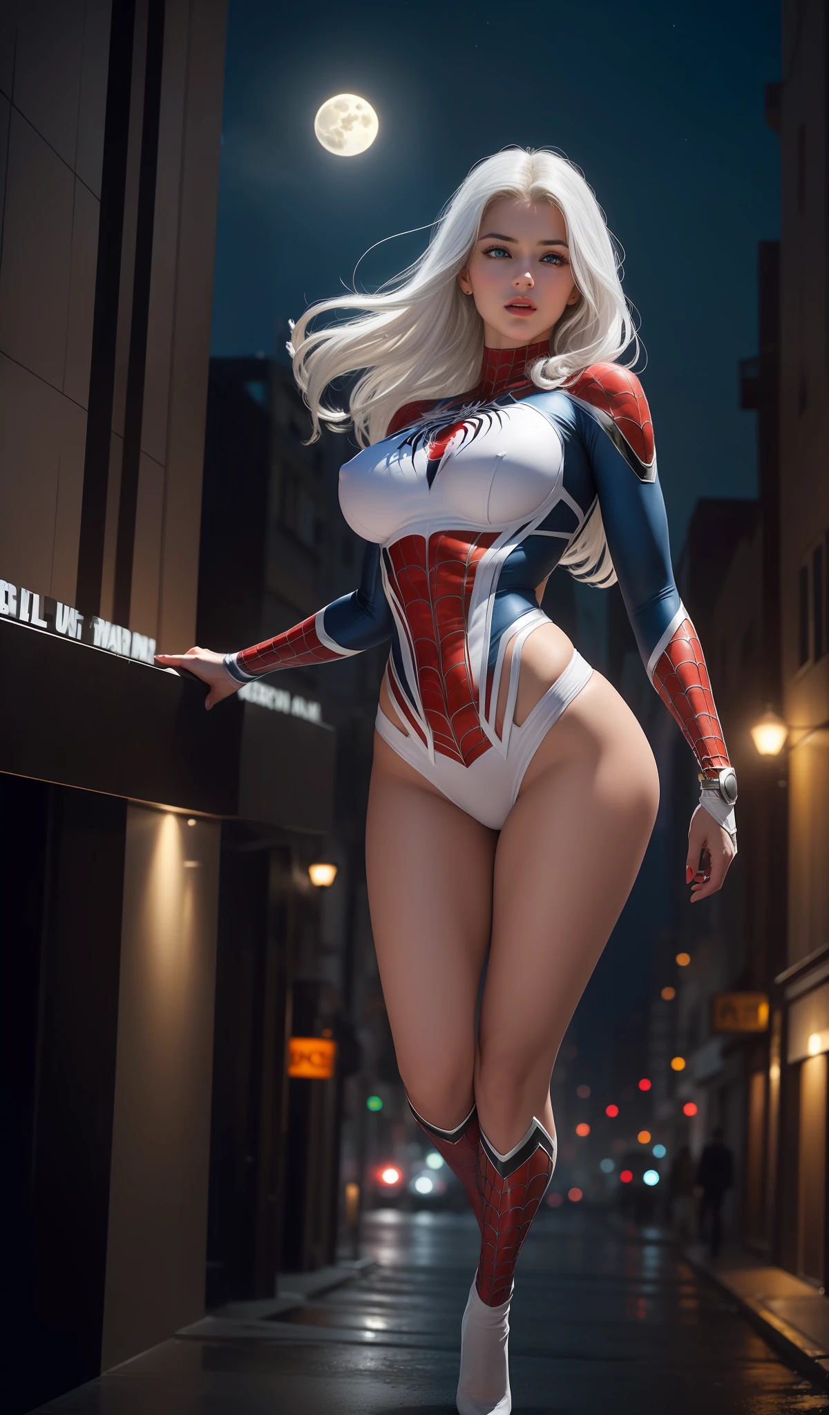 (masterpiece:1.4), (8k, photorealistic, RAW photo, best quality: 1.4), japanese, (1girl), beautiful face, (realistic face:1.4), (white hair, long hair:1.3), beautiful hairstyle, beautiful detailed eyes, (best ratio eyes:1.5), attractive, ultra high res, ultra realistic, highly detailed, best ratio, (detailed face:1.4), looking at viewer, red lipsticks, (best ratio fingers:1.5), (White superhero theme, charismatic, there's a girl on top of town, wearing transparent lingerie Spider-Man costume, she's a superhero), [ ((25 years), full body, (realistic blue eyes:1.2), ((Spider-Man pose), show of strength, jumping from one building to another), ((sandy urban environment):0.8)| (cityscape, at night, dynamic lights), (full moon))] # Explanation: The Prompt mainly describes a 4K painting of ultra-high definition, very realistic, very detailed. It shows a superheroine at the top of the city, wearing a Spider-Man costume. The theme in the painting is a white superhero theme, the female protagonist has long white hair, is 25 years old and her entire body is shown in the painting. In terms of portraying the actions of superheroines, spiders are employed, (no bra:1.4), perky_nipples, ((exposed_nipples, exposed breasts, high proportional realistic breasts, realistic big breasts):1.3), (closed mouth:1.4), (camel_toe_pussy:1.3), innie_pussy,