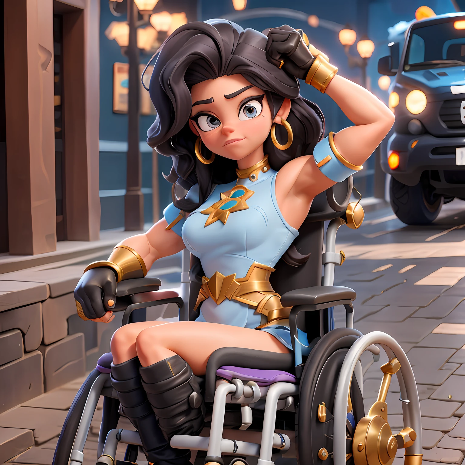 "cadeira de rodas" ("Sarah Hyland"), vestindo "Silver heroin costume", muscular arms, cabelos negros lisos, sobrancelhas grossas, "Wheelchair", "brawl stars"