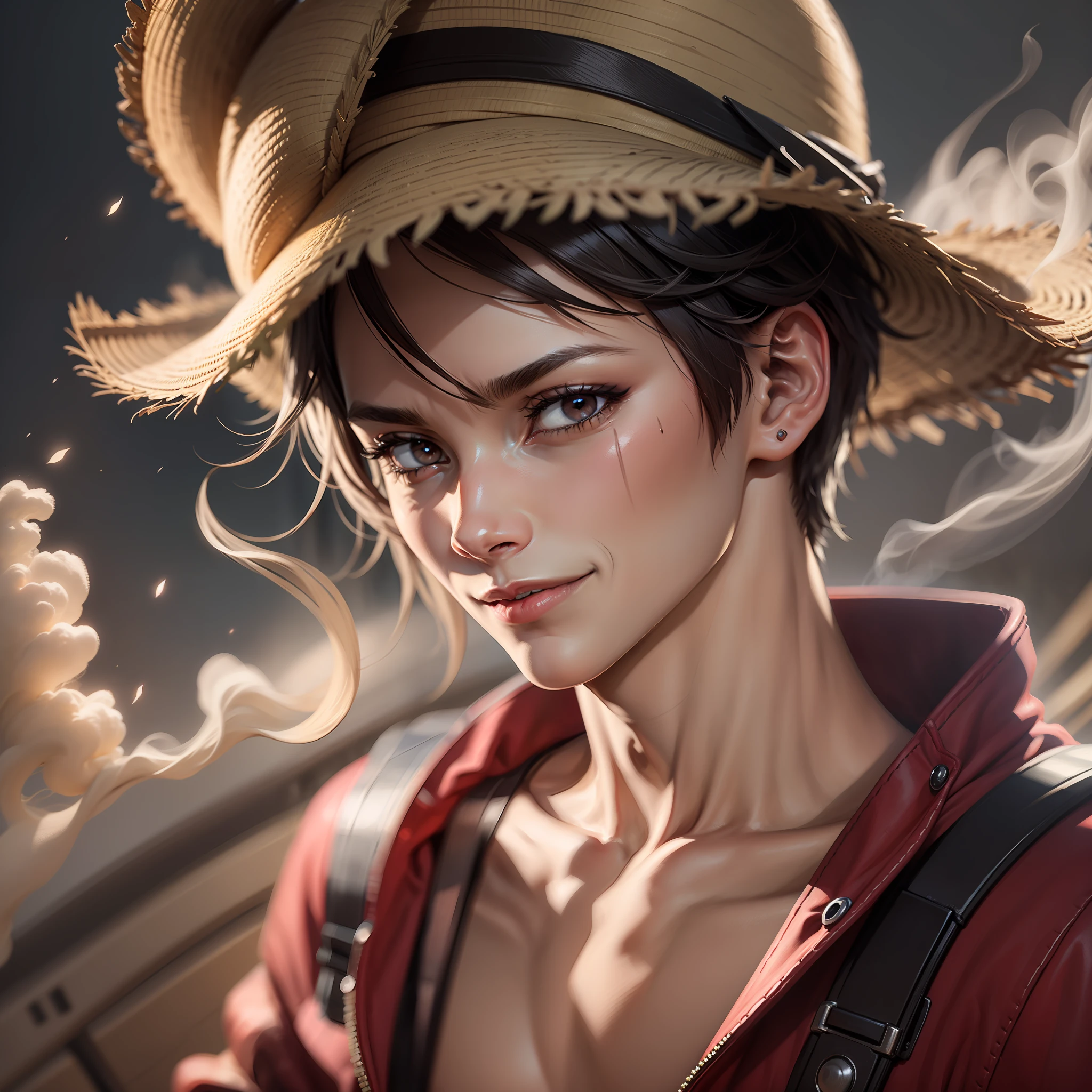 1boy, wanostyle, monkey d luffy, smiling, straw hat, looking at viewer, solo, upper body, ((masterpiece)), (best quality), (extremely detailed), depth of field, sketch, dark intense shadows, sharp focus, soft lighting, hdr, colorful, good composition, smoke all around, spectacular, closed shirt, , scar under eye, ready to fight, black eyes, outdoors, night,8k,cinematic