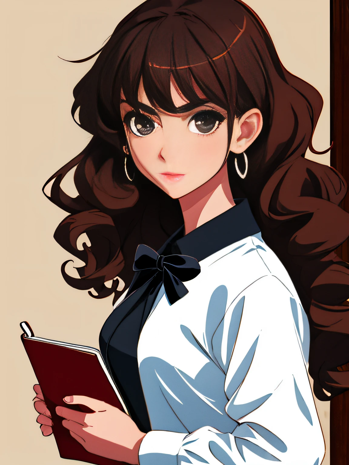 Portrait standing on attention:1.2) Mature woman,waiter,curly haired,Brunette hair,erogenous,White blouse,muted colors,Savvy and capable。sale,Notebook in hand