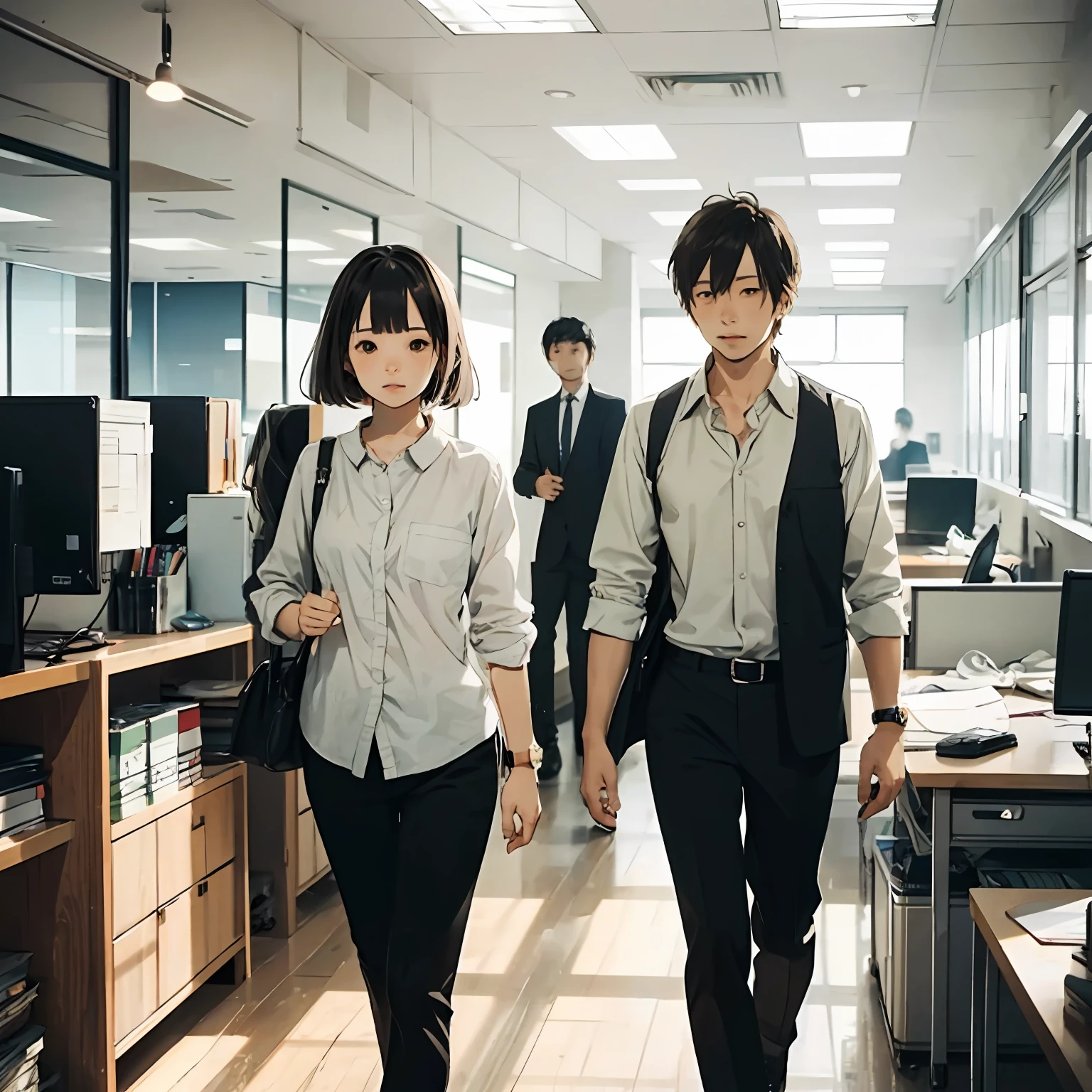 Walking and receiving an explanation、1 pair of men and women、shot from front、Insanely detailed description、Anime Style、Inside the office --auto