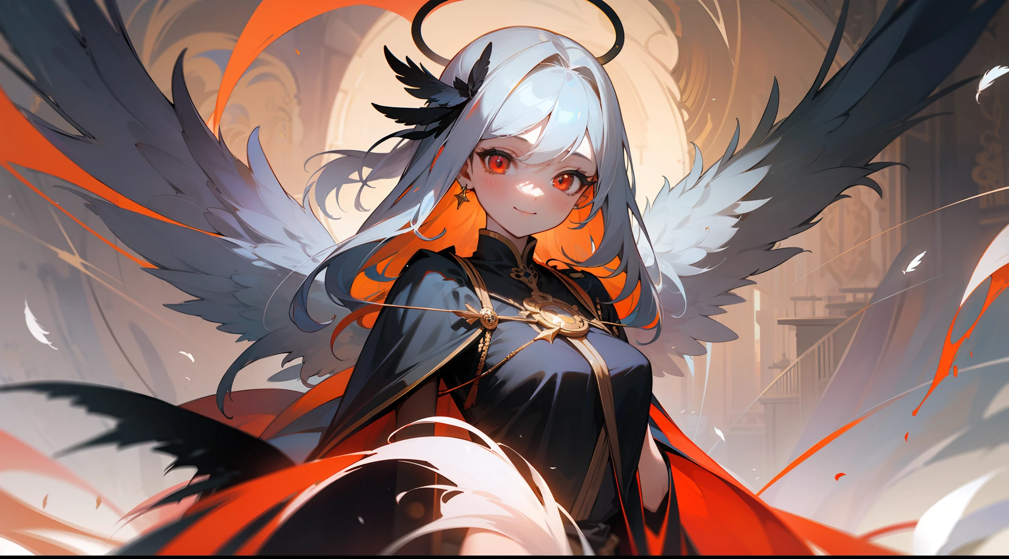 (masterpiece, misteryous), 1girl, angel, cute,(red halo),happy,gorgeos, glowing eyes, red eyes, angel wings, holy, sensual, black tunic, feathers, BREAK temple background, confident, smile, expressive eyes, collofull eyes, contrast, shadows, masterpiece, digital art,majestic, superior, BREAK,wallpaper, symetrical, cinematic