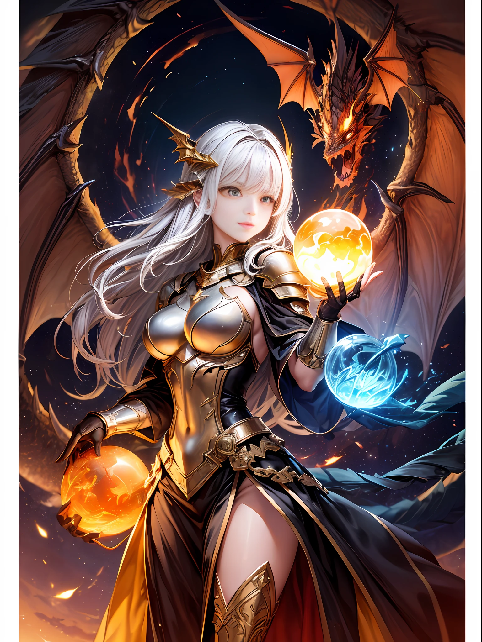 (Masterpiece, Top quality, ( Colorful Palette:1.2),glowing with, The flame glows, Metal glows,Best quality, offical art, Beauty and Aesthetic: 1.2), (1girls), Extremely detailed eyes, (s fractal art: 1.3), Colorful, Most detailed, (Perfect face), Shiny skin, hdr, (White Cloak Gold thread: 1.2), Star, (light pattern), striking visual effects, (dynamic stripe, luminous track: 1.2), Bright colors, (Phoenix-shaped breastplate), (dragon-shaped helmet),(Plasma Globe:1.3)
