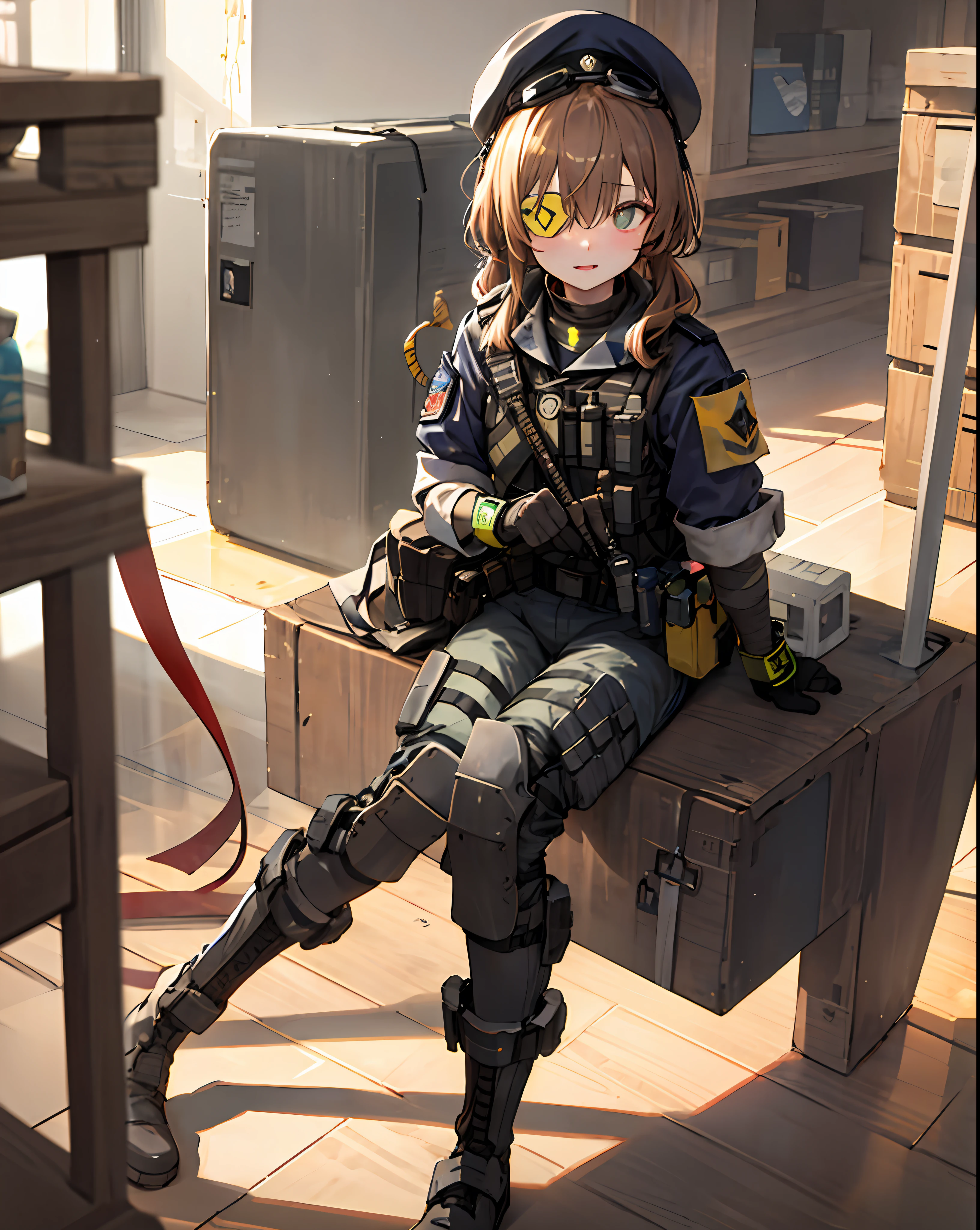 tgirls, Yellow pupils, solo, Um corpo inteiro, （Tactical equipment：1.2）, Tactical body armor, （Yellow T-shirt:1.2), Yellow trousers, Combat boots, Seated position, leaning against a wall, （Lateral face:1.3), Yellow berets, Tactical headsets, A green necklace is worn on his chest, Navy SEAL armband, goggles on headwear, light brown hair, ponytail, bandage over one eye, high detail, anime, anime style, chiaroscuro, ray tracing, backlighting, UHD, masterpiece, high quality, highres