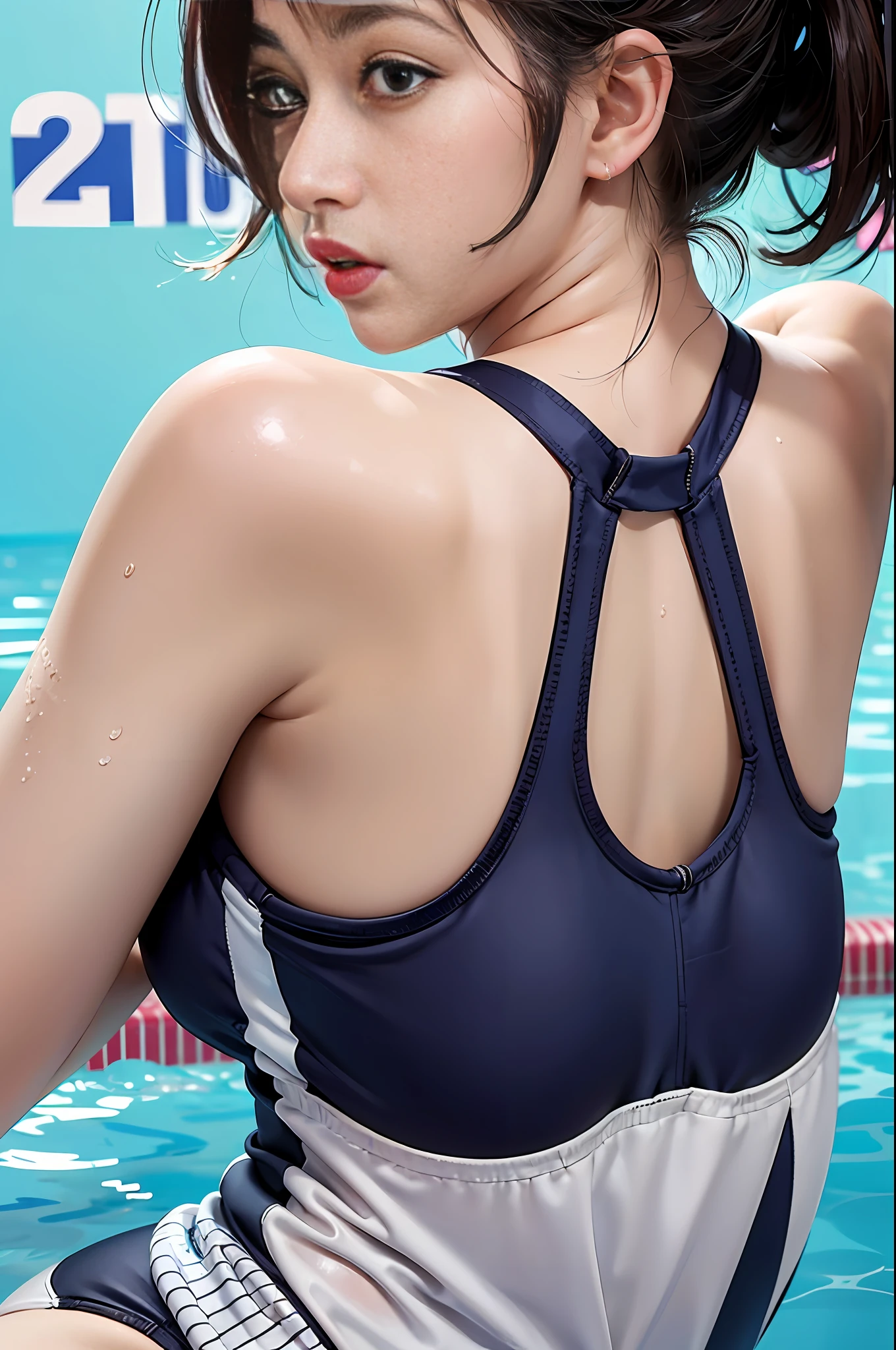 8K Resolution, Ultra Realistic, Ultra Detail, High Quality, (2girls: 1.1), sitting at seat, on the train, school uniform, a school bag, shirt, 1girl looking over her shoulder, 1 girl, beautiful Japan woman, thin wess, (sticking out buttocks: 1.2), fine face, short hair, (gigantic breasts, cleavage:1.2), (swimming race suit :1.3), (cameltoe), cute, kawaii, wet, backshot, 1girl looking over her shoulder, Gravure Idol, Korean Idol, Nogizaka Idol, (from below:1.2), from behind