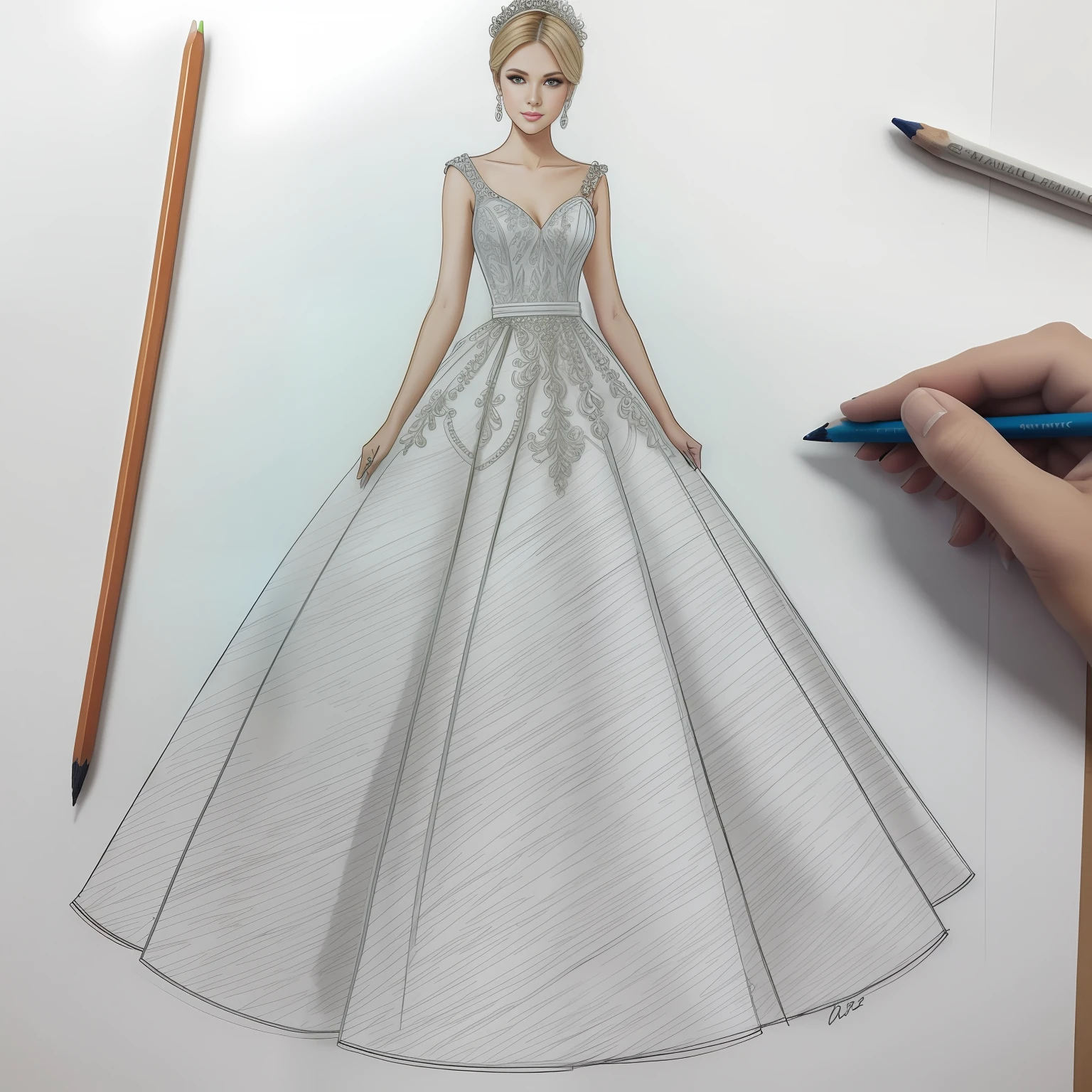 draw a fashion designer pencil sketch for a ball gown with tulle skirt, rhinestones, embroidery, hyper detailed,  master pice