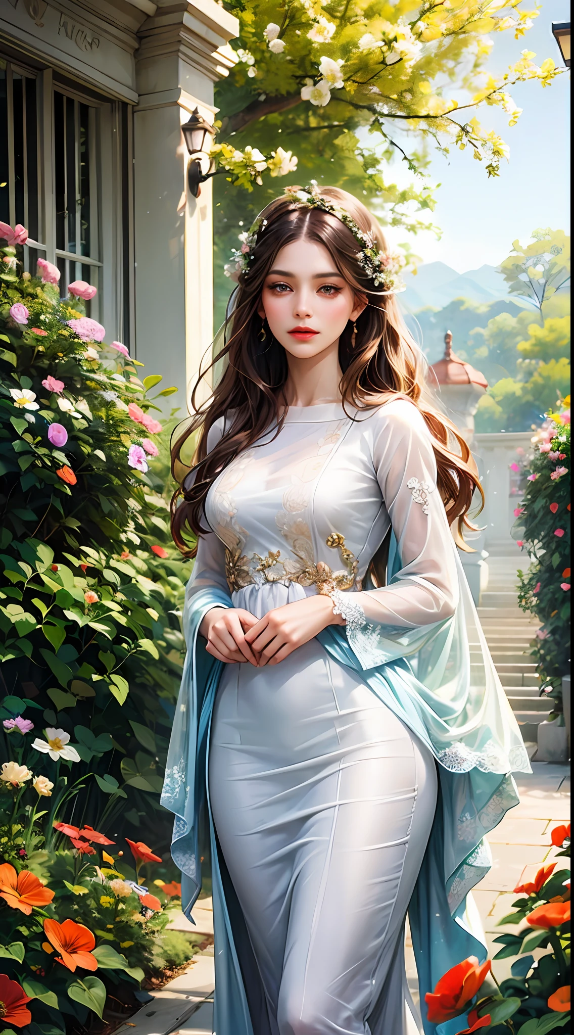 A beautiful and moving woman，Flower Garden，bee，Intoxicated expression，Beautiful and gorgeous clothes at home，Be at one with the environment --auto