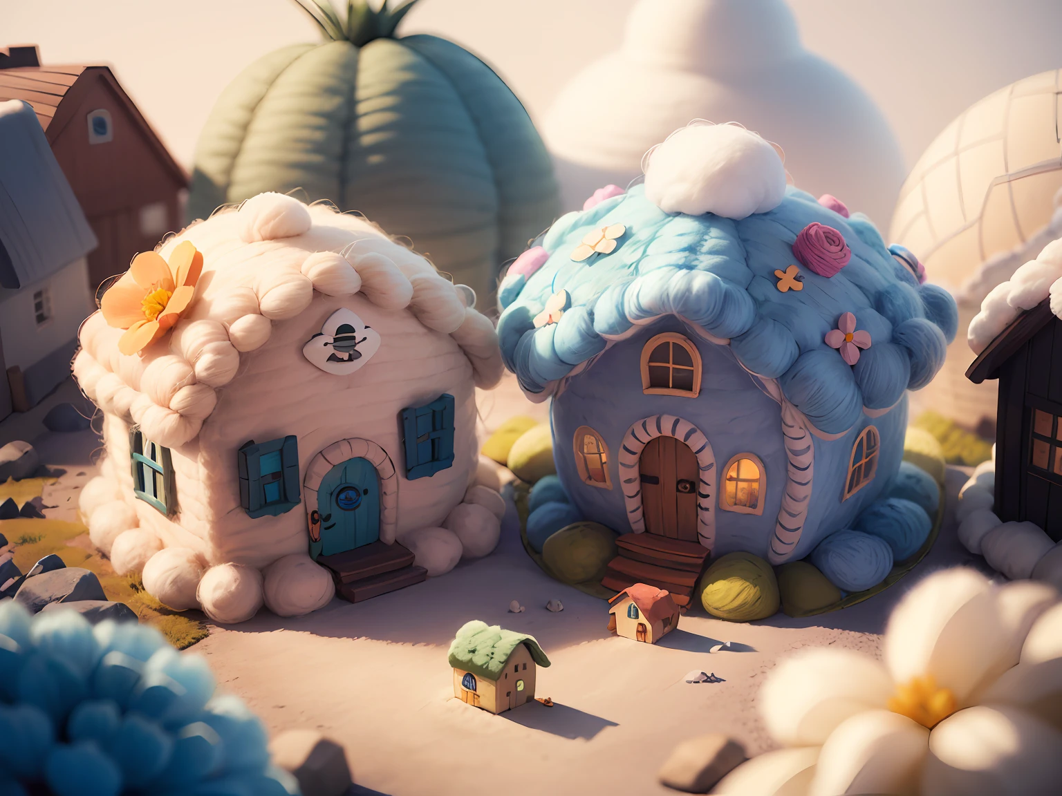(cute world of wool felt, wool knitted fabric, cartoon), some small houses, farms, flower houses, flowers, stones, trees, super cute, superb lighting, volumetrics, by Jon Klassen, Ghibli Studio style, Tilt - shift, 80mm lens, Large aperture, 3d, blender, masterpiece, super detail, best quality, --v6