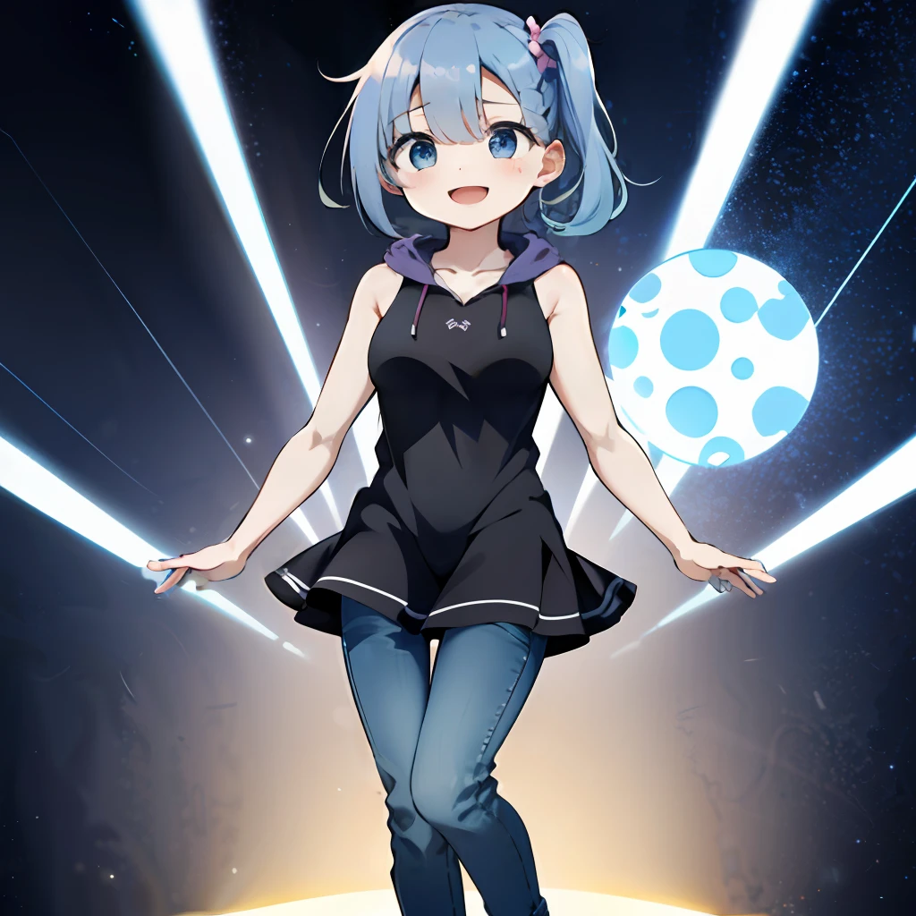 (absurdres,masterwork,Highresolution,Extremely beautiful girl、extremely detailed face and eyes:1)、(kawaii:1.4)、Light Effects、1 girl、独奏、Shorter、:D、break、Beautiful girl, 独奏,Cute,(kawaii:1.5),(Chibi:0.5), break, {Heterochromia,Pale blue eyes,pale green eyes:1.5}, silhouette of star eyes, Standing Figure, Happy, :D, (Chibi:0.8), break, (( Pale blue hair, side ponytail of left:1.5)), Fine hair, giant boobs,Cute, Caregivers, large breasts,Full body, Purple dress \(Sleeveless Hoodie:1.2)\、Hood down、(Jeans Shorts:1.1)、Solo Focus、Soft lighting、a park、(Blue Eye)
break