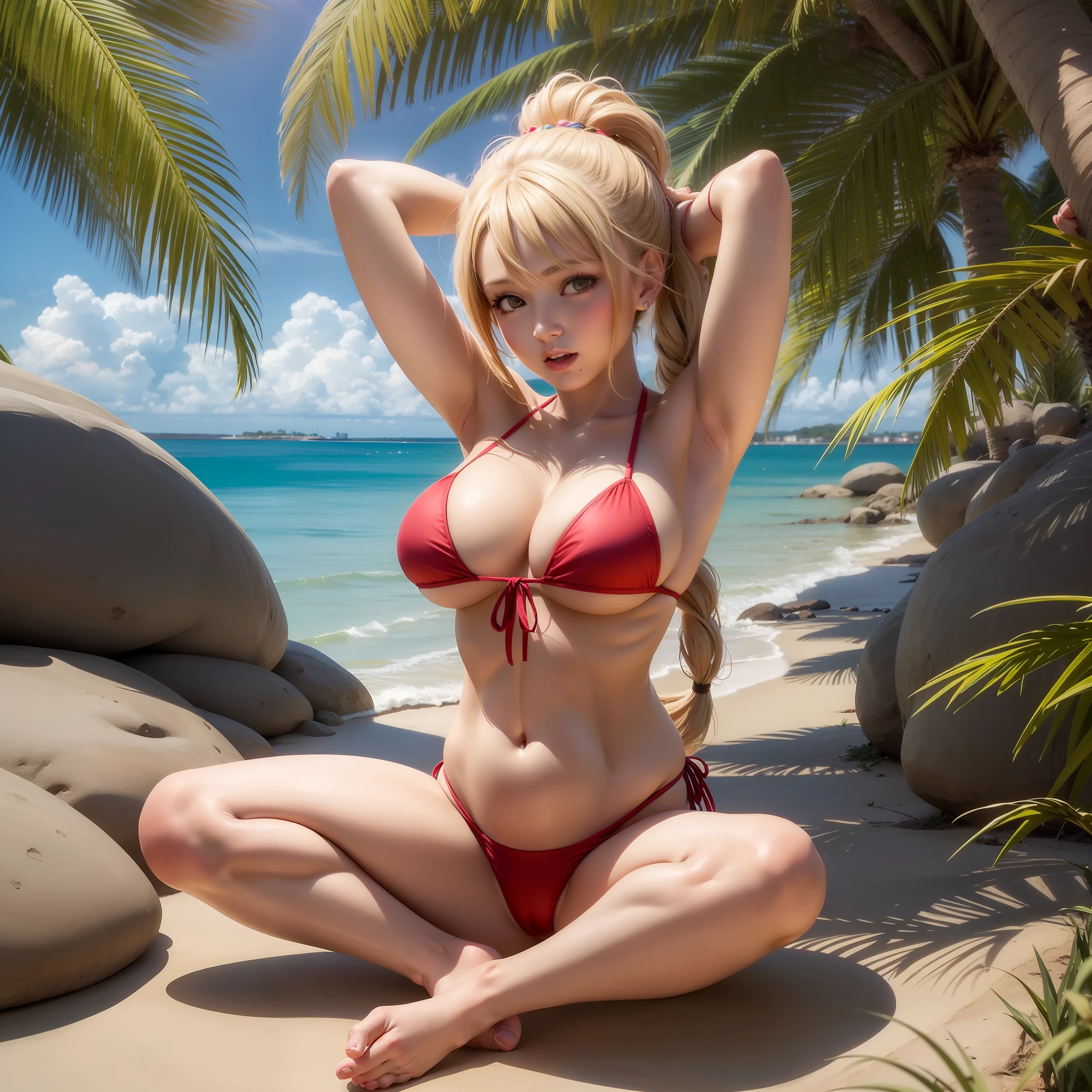 super cute sexy one woman, blonde side updo braided long ponytail hair, extremely small red bikini, Girl sitting, wariza, raise your arms upward while keeping your palms together, huge breasts, under-boobs, great proportion, Full body, beach, fine weather, High resolution, Highest quality, super quality, Super Detail, ultra-Realstic, Photorealistic