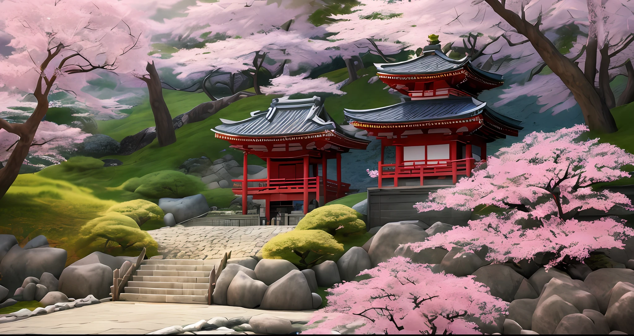 Landscape,1920×1080 p,cold and hot scene, Japanese samurai,face detailed,cherry blossom tree,hill,Tample, masterpiece,4k resolution, realisms, Japanese girl,cute