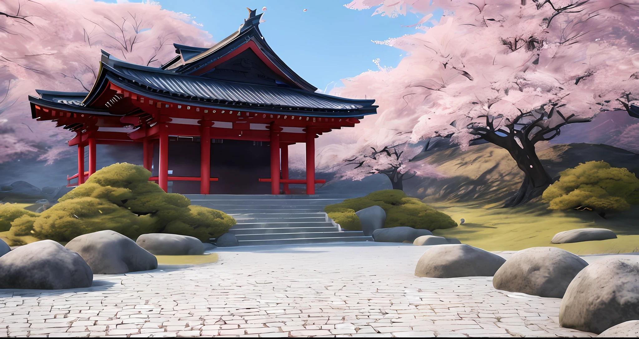 Landscape,1920×1080 p,cold and hot scene, Japanese samurai,face detailed,cherry blossom tree,hill,Tample, masterpiece,4k resolution, realisms, Japanese girl,cute