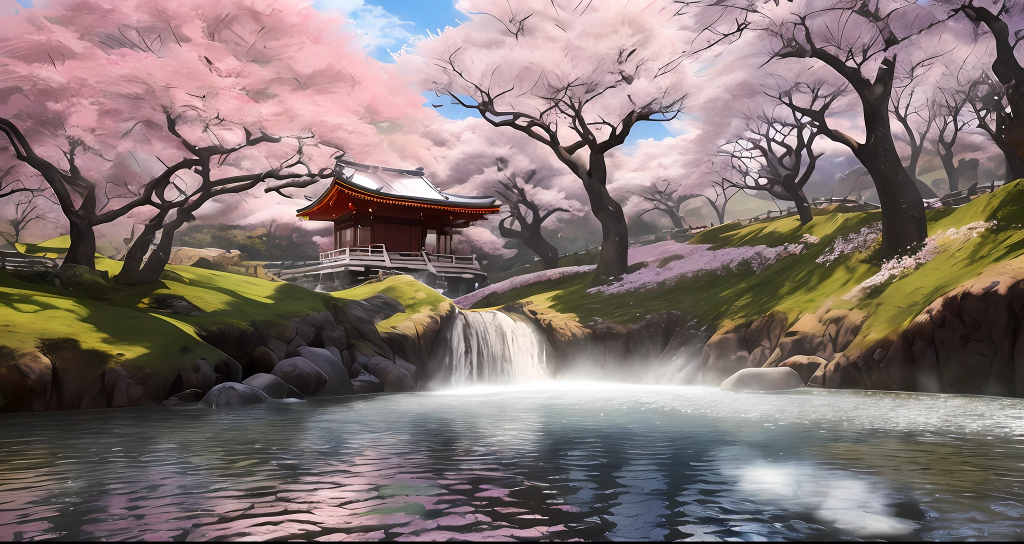 Landscape,1920×1080 p,cold and hot scene, Japanese samurai,face detailed,cherry blossom tree,hill,Tample, masterpiece,4k resolution, realisms, Japanese girl,cute