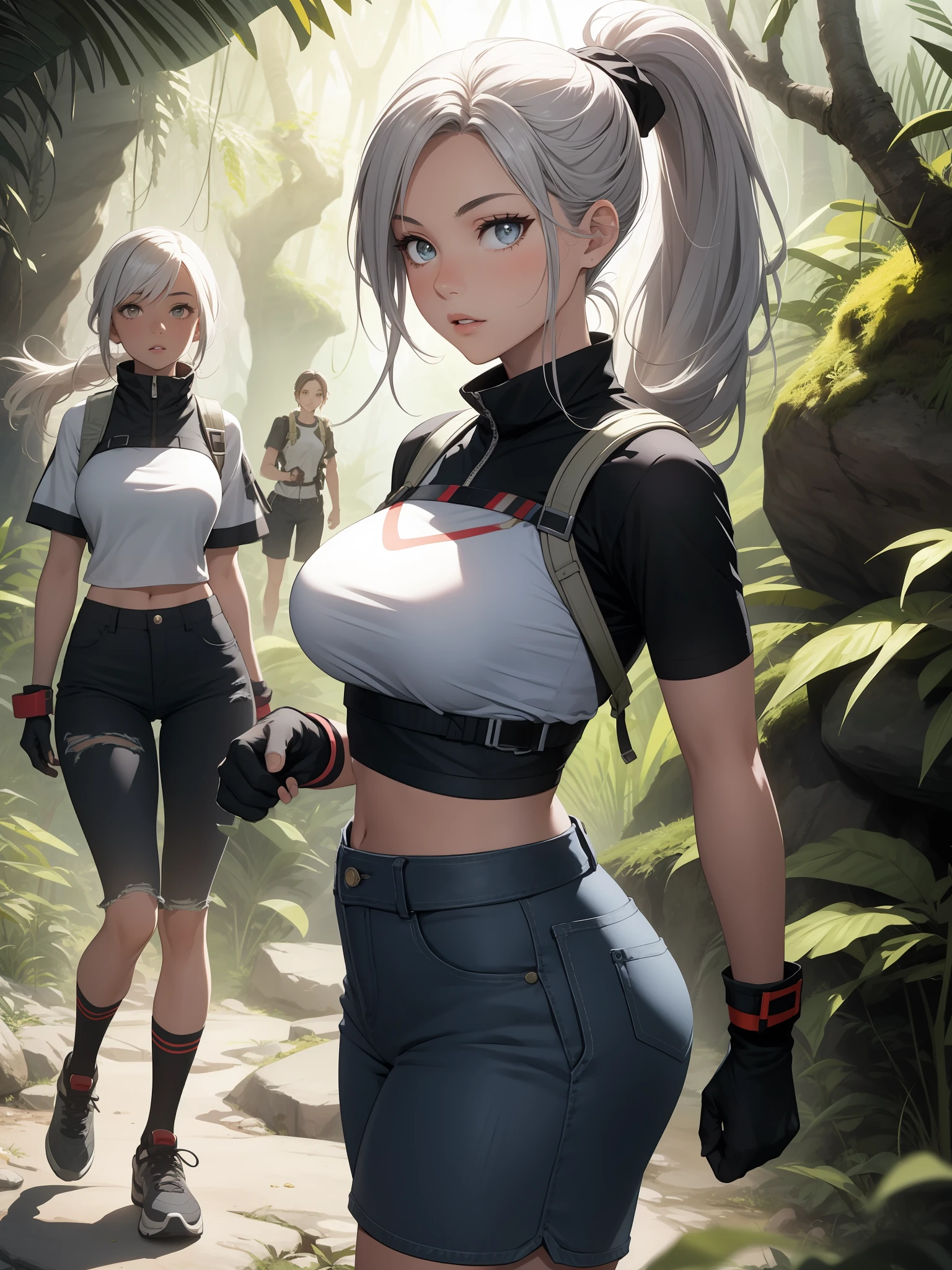 1girls，Explorer，Delicate and beautiful face，Wheat-colored skin，The lips open slightly，pant，Ponytail braid，Busty boobs，Convex buttocks，Toned body，Dressed in short silver sleeves，Black fingerless gloves，Black denim shorts，White sport socks，Hiking shoes，perfectly proportioned，Detailed clothing details，cave，A jungle，tumulus，Adventure scenes，high quailty，master-piece，8K，