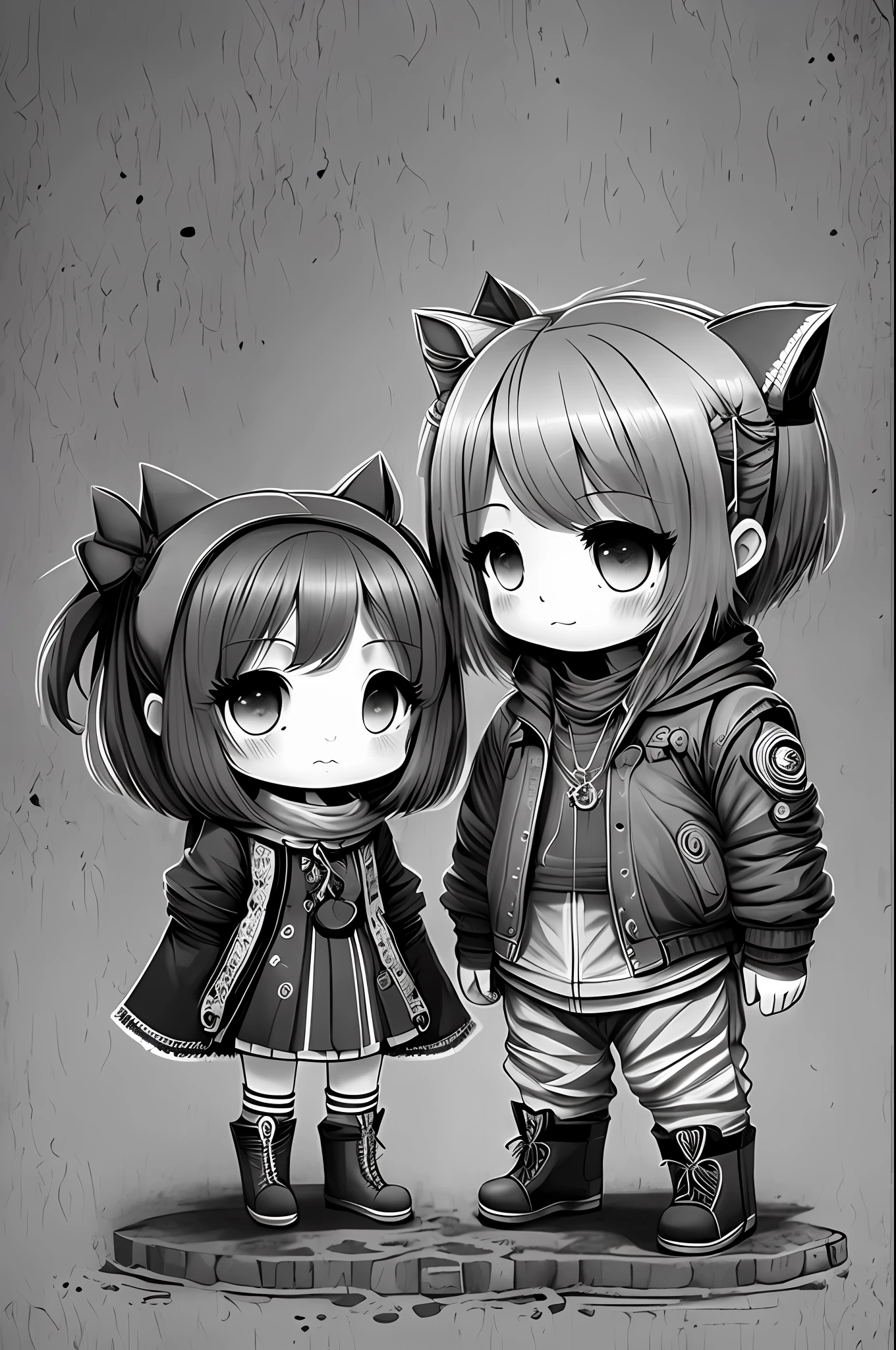 chibi couple, lovely, grey scale --auto --s2
