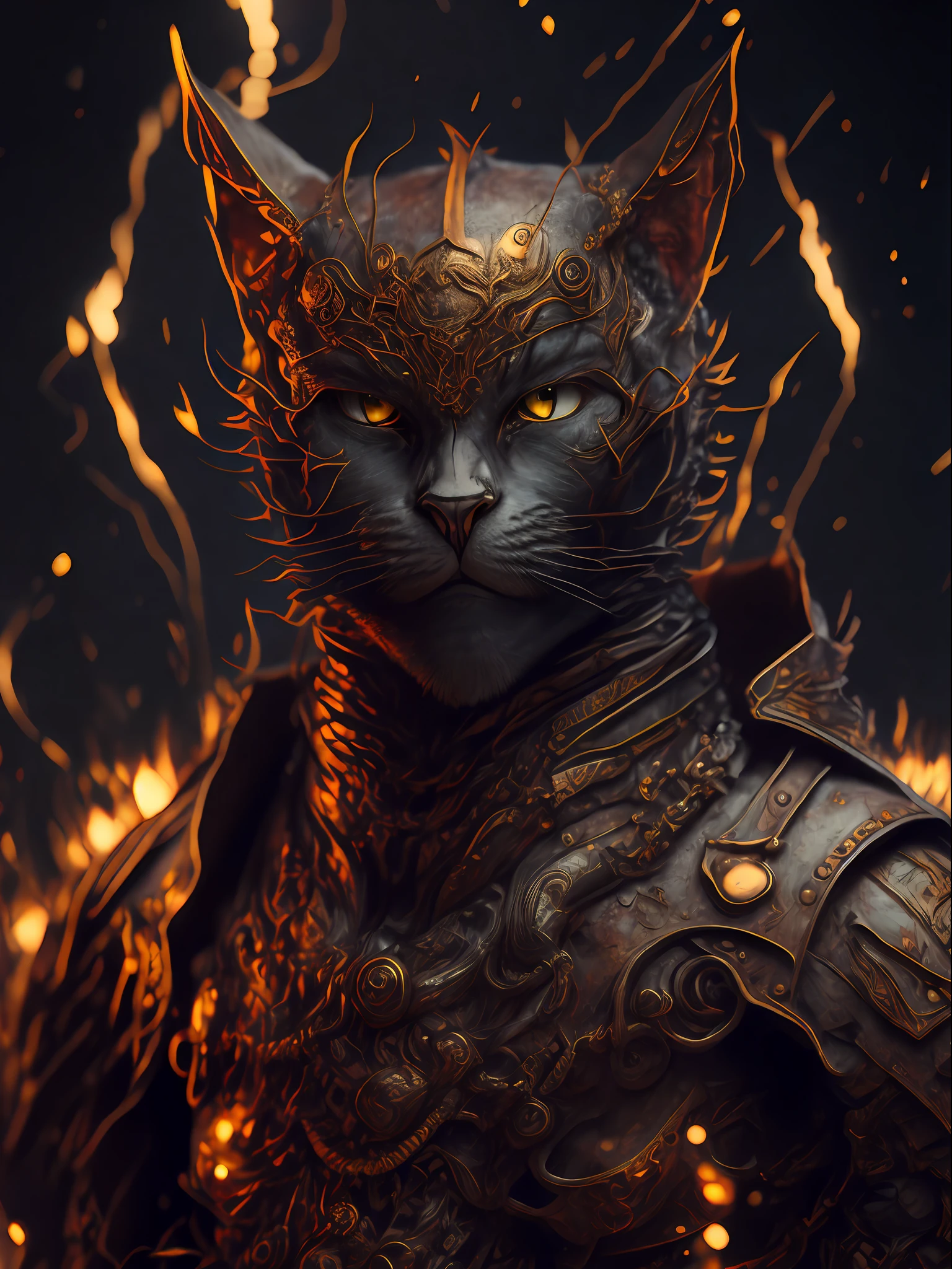 angry cat god, closeup, anthropomorphic steampunk, strong, muscular, cyberpunk cybernetic armor, Artstation illustrators, intricate details, face, full body portrait, illustration, UHD, 4K hyper realistic, enigmatic, highly detailed, sharp focus, professional, 8k UHD , cinematic, wild, violent, dramatic, vivid, nervous vibration, render, epic, HDR, album cover, fire, lightning