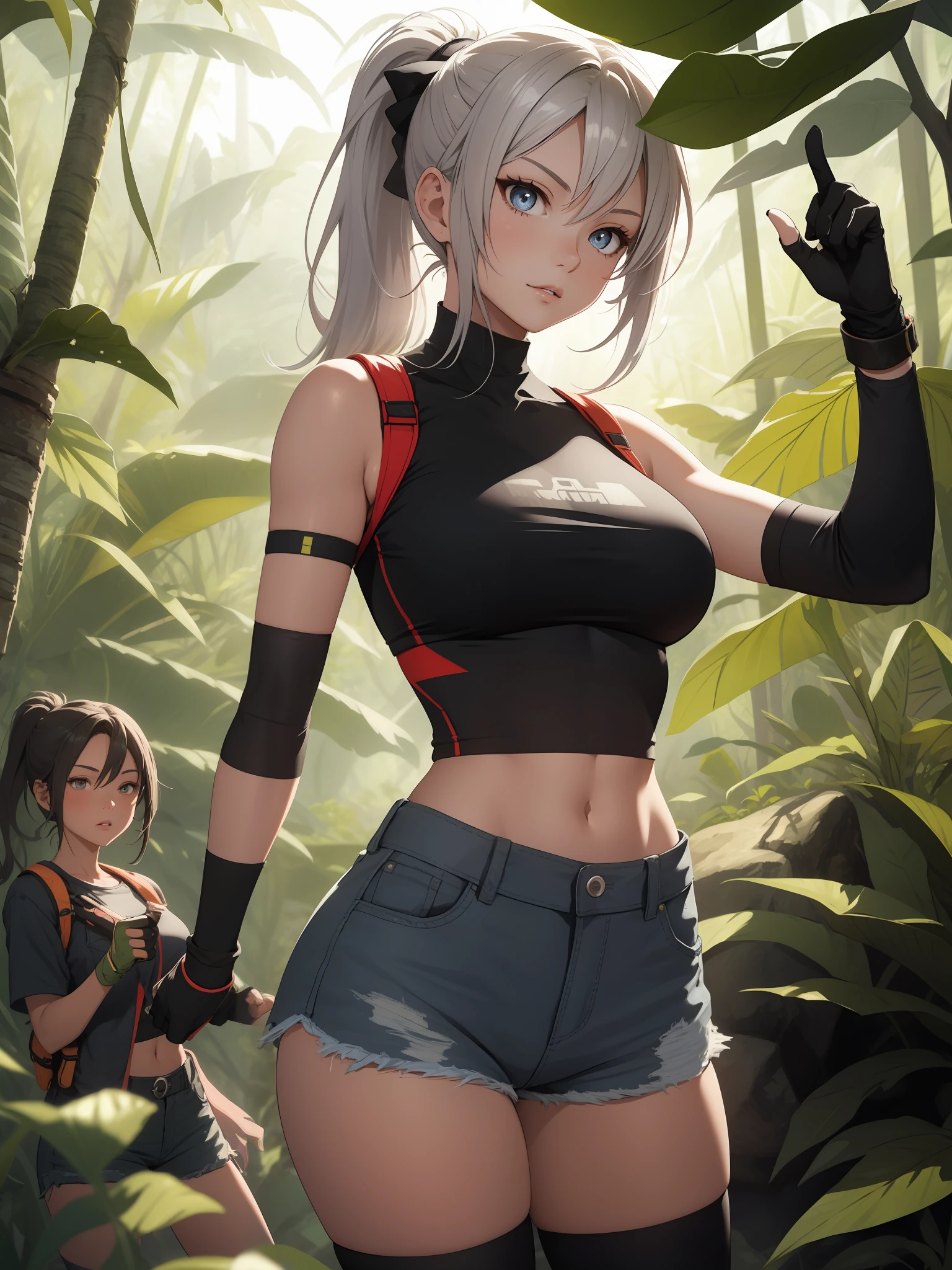 1girls，Explorer，Delicate and beautiful face，Wheat-colored skin，The lips open slightly，pant，Ponytail braid，Busty boobs，Convex buttocks，Toned body，Dressed in short silver sleeves，Black fingerless gloves，Black denim shorts，White sport socks，Hiking shoes，perfectly proportioned，Detailed clothing details，cave，A jungle，tumulus，Adventure scenes，high quailty，master-piece，8K，