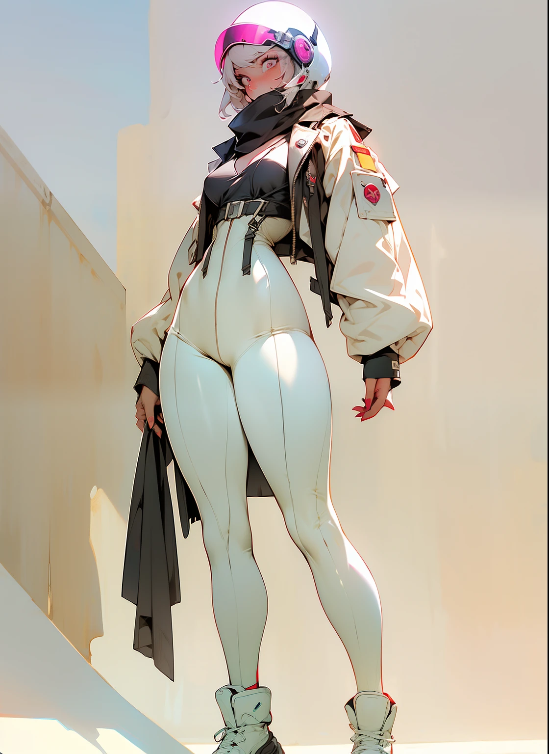 tartan scarf around neck, perfect proportions, anatomically correct, (head to toe: 2.0), (full body image: 2.0), 1girls, solo, (Casshern: 1.6), extremely stylized, deviant art, masterpiece, highly detailed, turquoise eyes, detailed eyes, expressive detailed eyes, wide eyed, detailed pupils, futuristic, ((1950s scifi helmet)), ((pointy helmet)), Rubber Gloss, white pants, blush, (white rubber skinsuit:1.4), white boots, blush, red rocket and cloud background, small breasts, ((nipping out:1.4)), (((nipping out))), lots of freckles, super textured detailed skin, entire body image, full body shot, nvinkpunk, professional photograph of alexander_skarsgard,