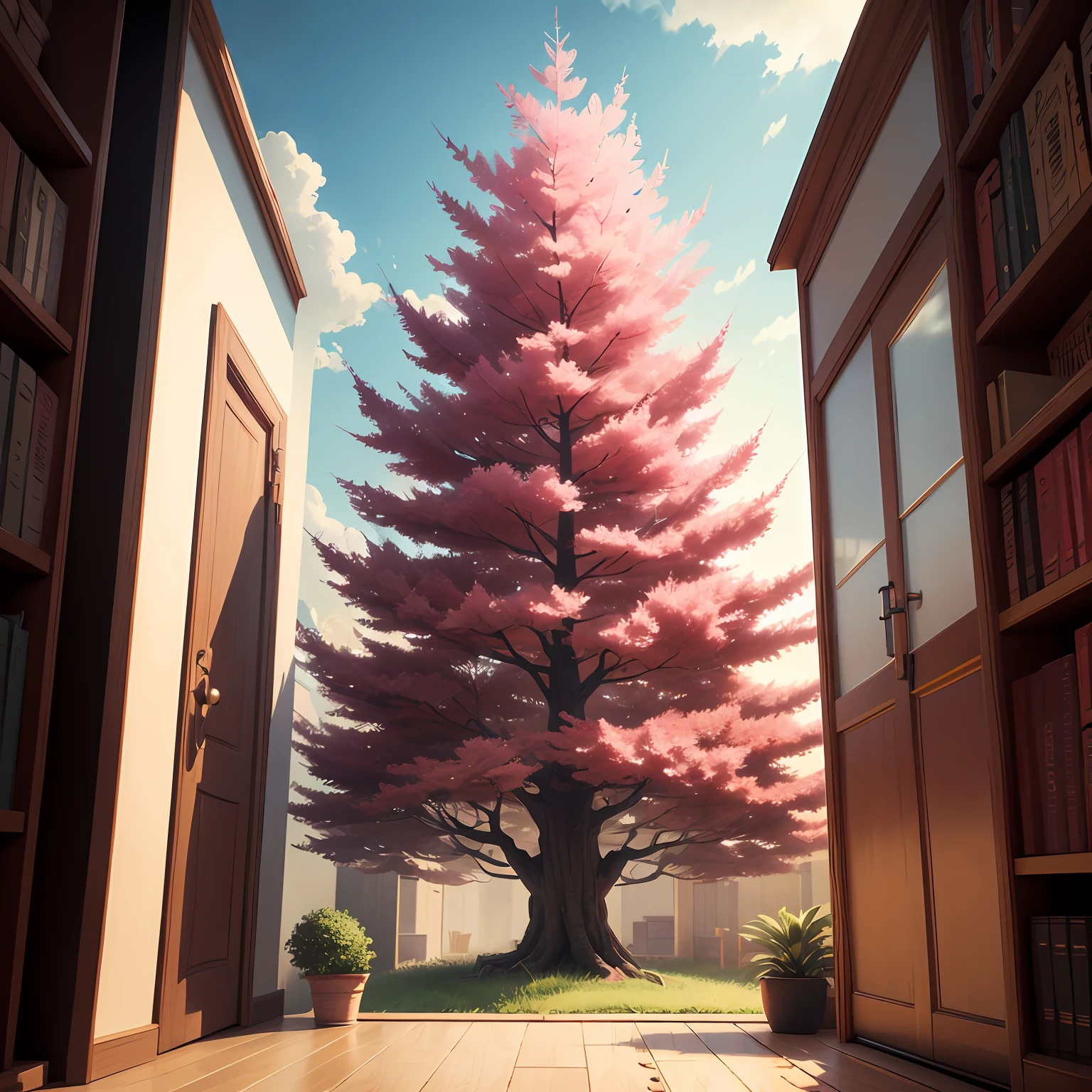 um quarto com livros espalhados, arvore rosa do lado de fora, com alta qualidade, 4k, Higth Guality, anime, Anime estilo Shonjo, --auto