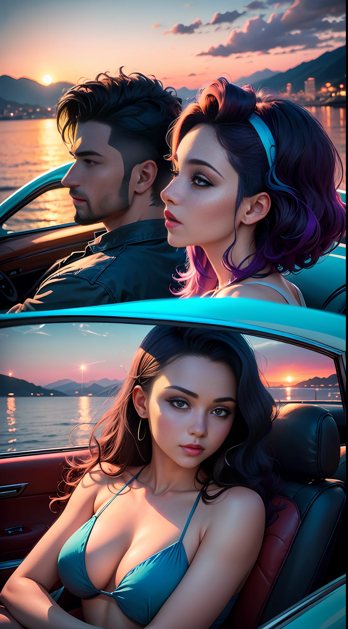 "A couple in love enjoying a summer evening in a vintage convertible car, com o horizonte da cidade retratado em cores vibrantes do Synthwave."
Use neon and saturated tones to highlight the characteristic colors of Synthwave, como rosa, azul e roxo. --auto