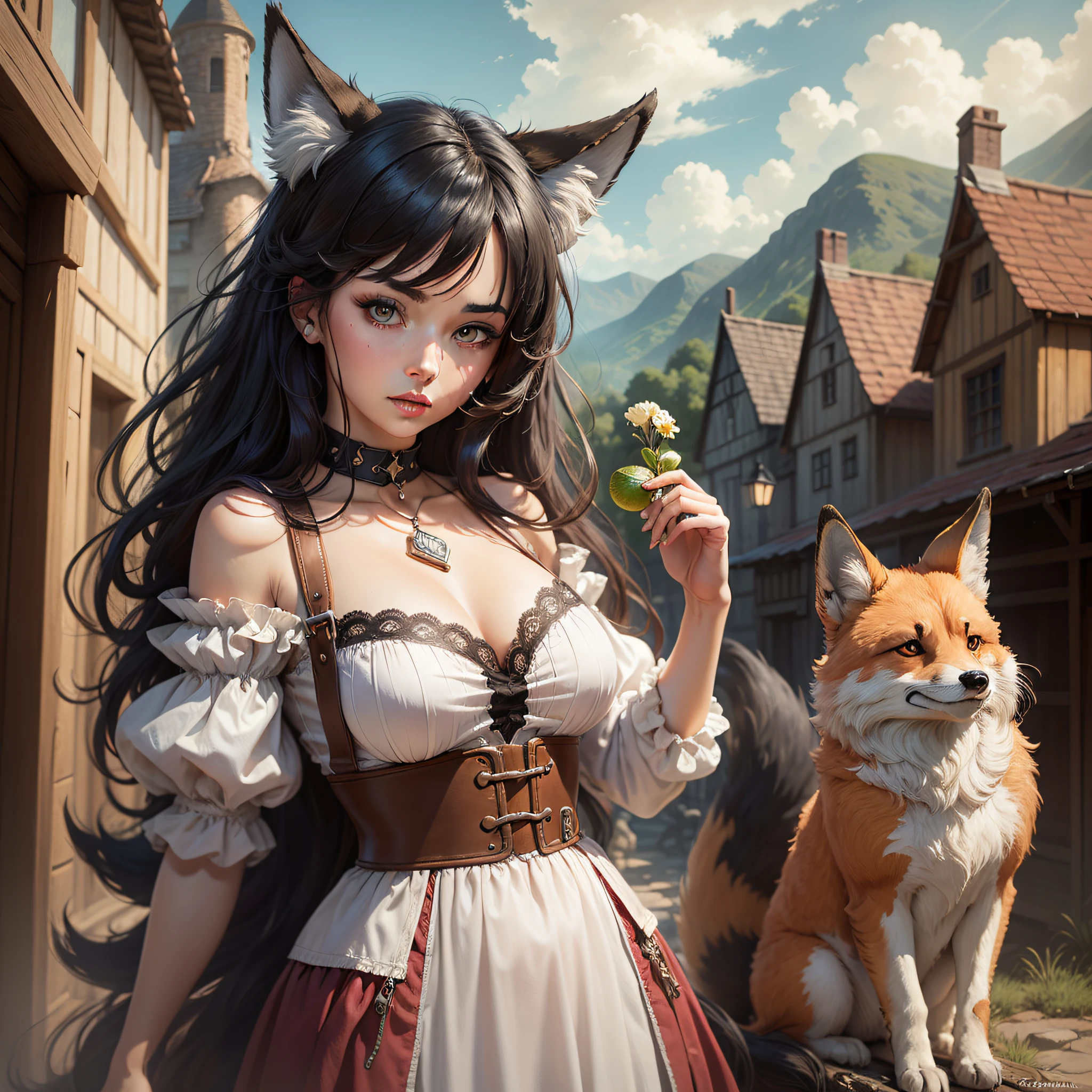 foxgirl, dangerous, multiple tails, medieval, village, black hair, wild west clothing