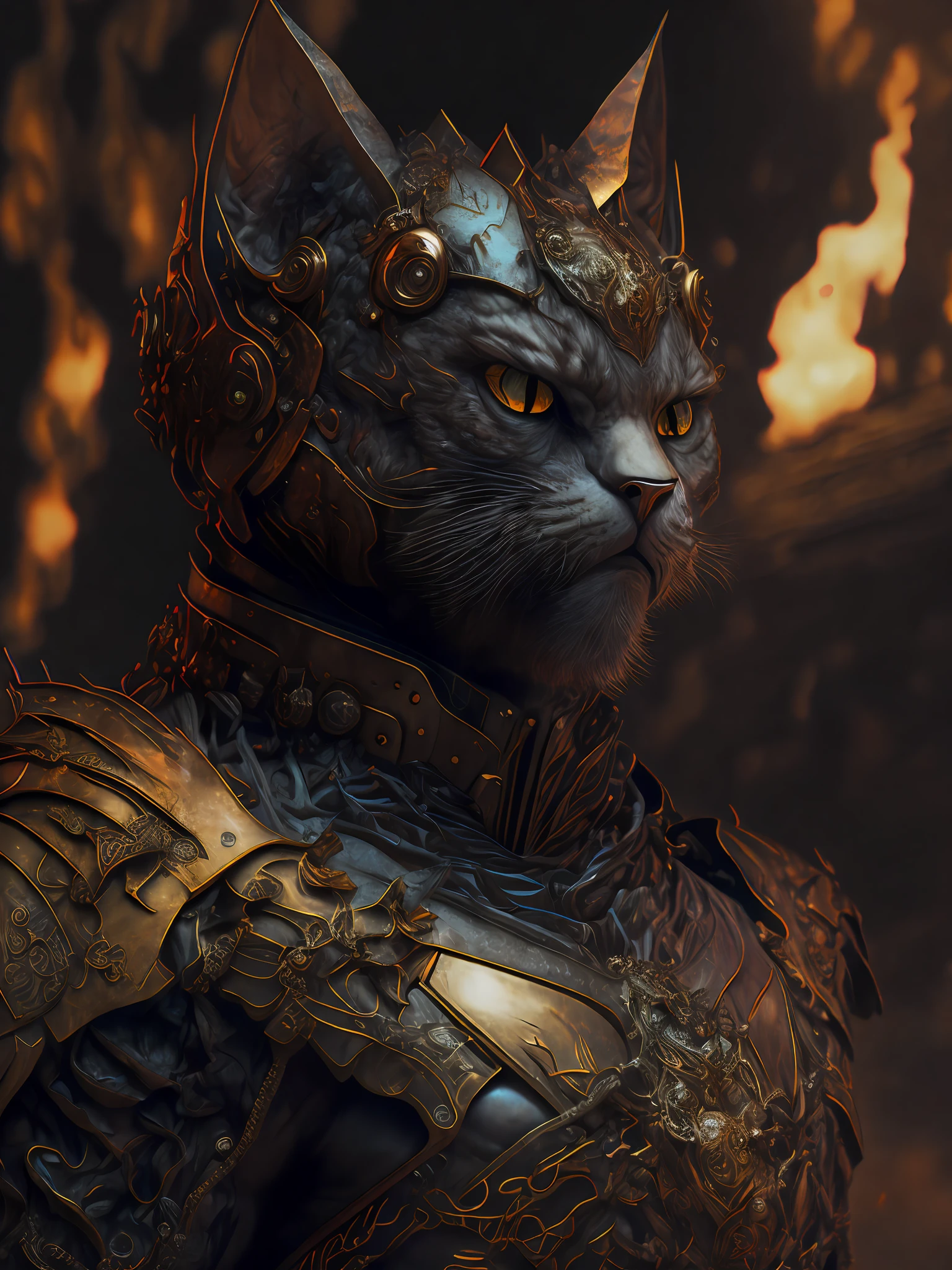 angry cat god, closeup, steampunk, beast, strong, muscular, cyberpunk cybernetic armor, sharp teeth, Artstation illustrators, intricate details, face, full body portrait, illustration, UHD, 4K hyper realistic, enigmatic, highly detailed, sharp focus, professional, 8k UHD, cinematic, wild, violent, dramatic, vivid, nervous vibration, epic, HDR, album cover, fire, powerful