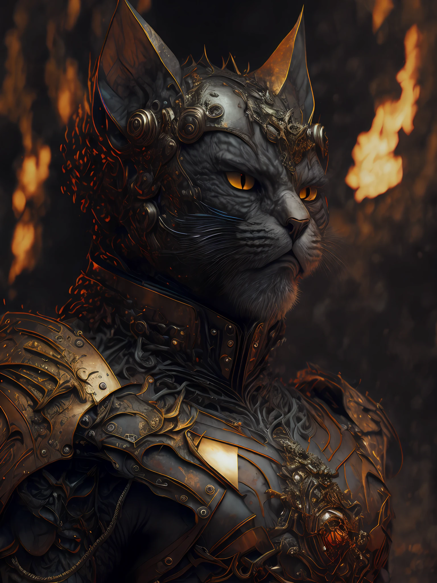 angry cat god, closeup, steampunk, beast, strong, muscular, cyberpunk cybernetic armor, sharp teeth, Artstation illustrators, intricate details, face, full body portrait, illustration, UHD, 4K hyper realistic, enigmatic, highly detailed, sharp focus, professional, 8k UHD, cinematic, wild, violent, dramatic, vivid, nervous vibration, epic, HDR, album cover, fire, powerful