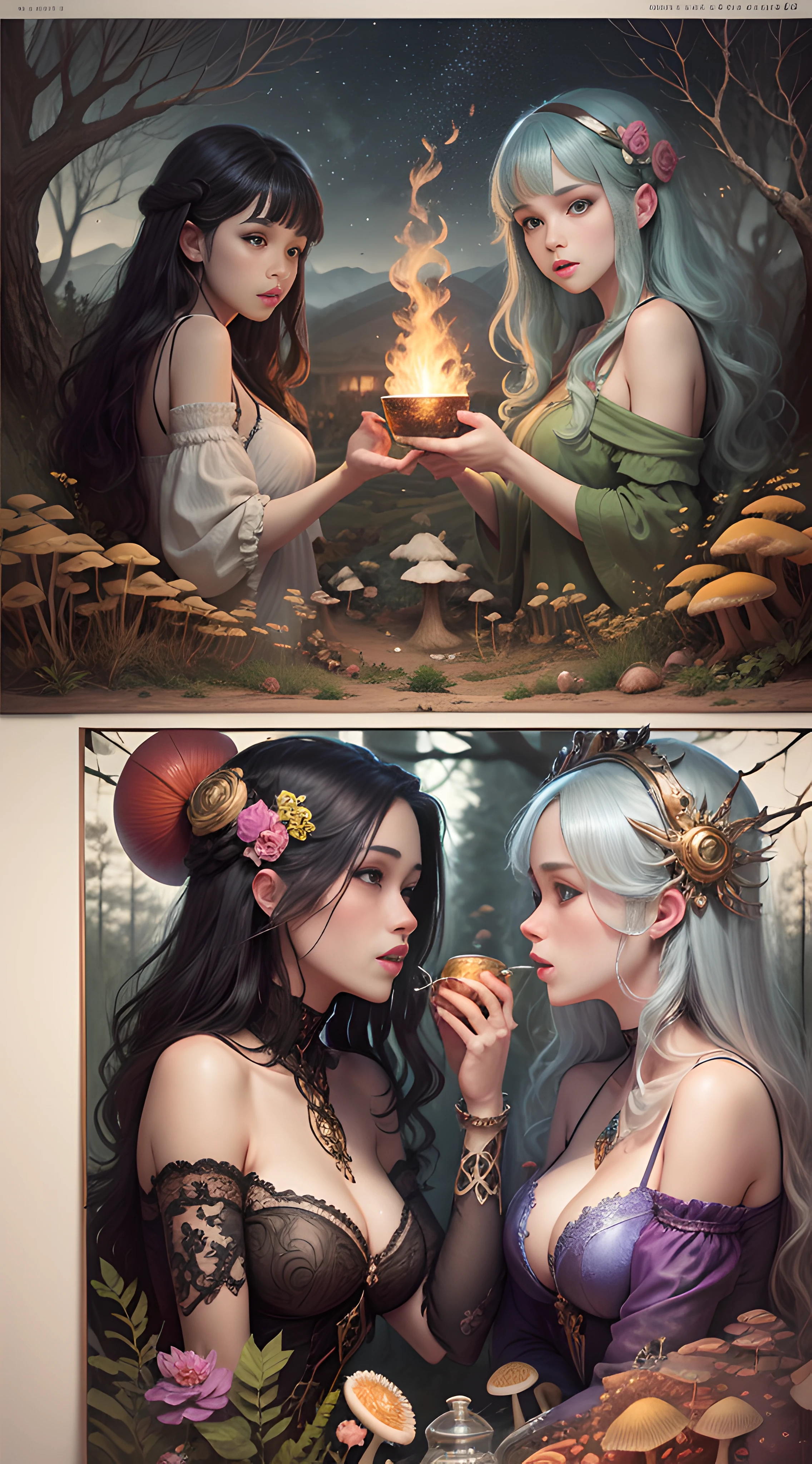 "Intimate,sexy , intricate scene of three very different girls touching each other and kissing ,having fun, caressing eachother ,shot from below, zoom out ,rural landscape with huge mushrooms and thousands of small mushrooms glowing in the dark ,campfires everywhere ,kettel ,brew,,elixer ,moisty ,smoke, inspired by the angelic AI mysticism. Style references include Alex Grey , m.c. escher and Brian Froud.