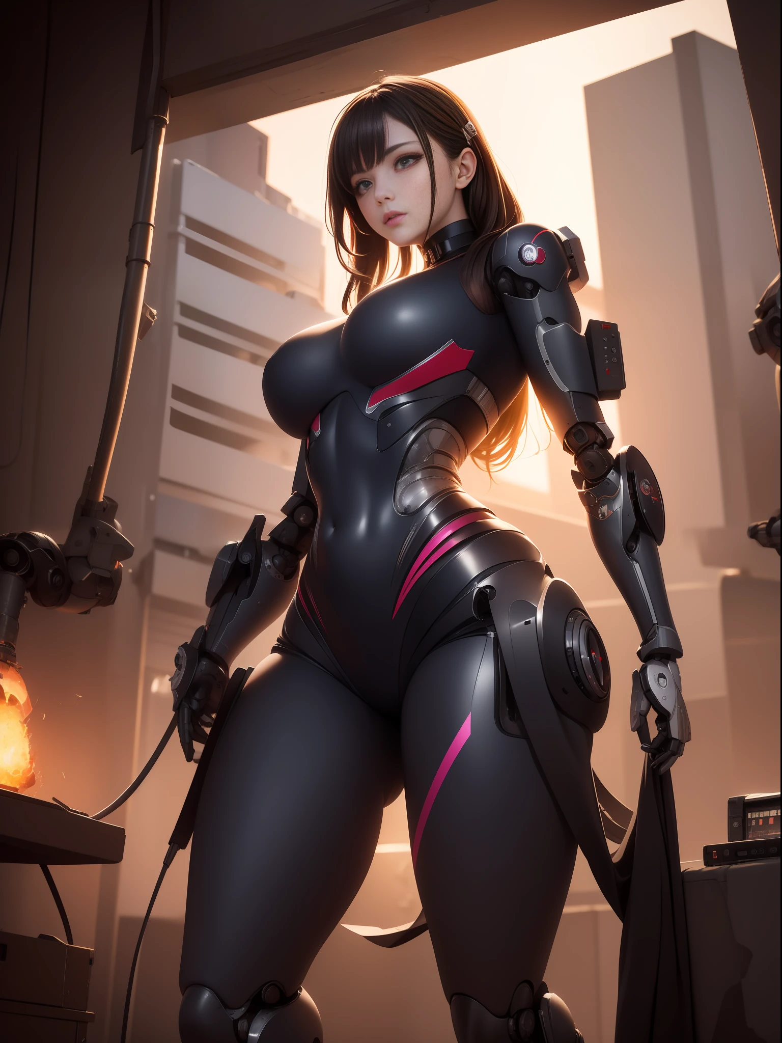 ((masterpiece, best quality)),illustration,ultra detailed 8k,photorealistic,sharp focus,highly detailed,professional lighting,colorful details,iridescent colors BREAK extreme long shot of a factory,large mechanical robot construction,microchip,computer,glowing,intricate details,shitu-mecha,1girl is standing in front of the audience,Navel