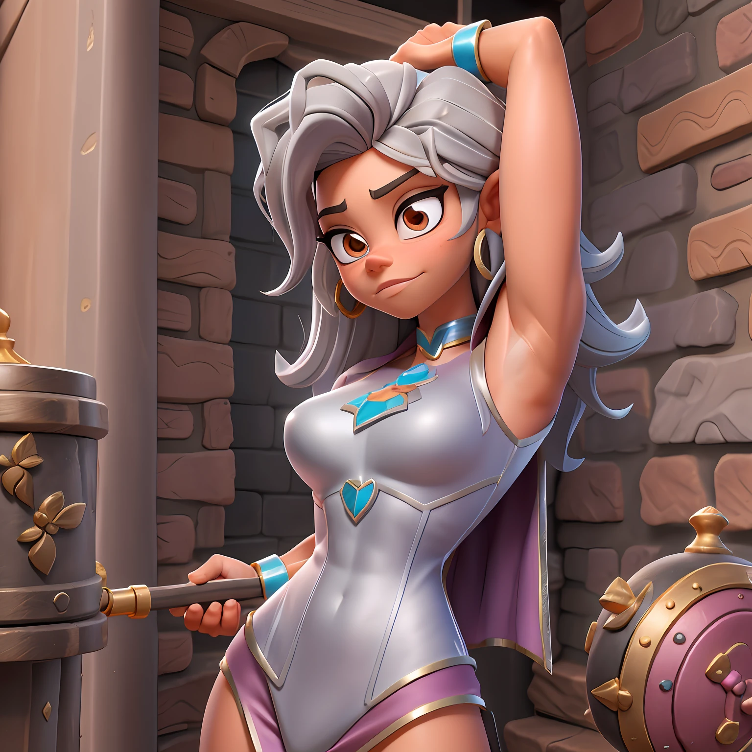 garota sentada em "cadeira de rodas" ("Sarah Hyland"), vestindo "Silver heroin costume", muscular arms, cabelos negros lisos, sobrancelhas grossas, "cadeira de rodas", "brawl stars"
