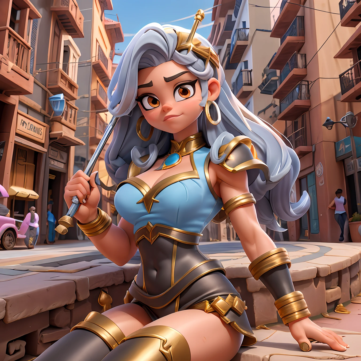 garota sentada em "cadeira de rodas" ("Sarah Hyland"), vestindo "Silver heroin costume", muscular arms, cabelos negros lisos, sobrancelhas grossas, "cadeira de rodas", "brawl stars"