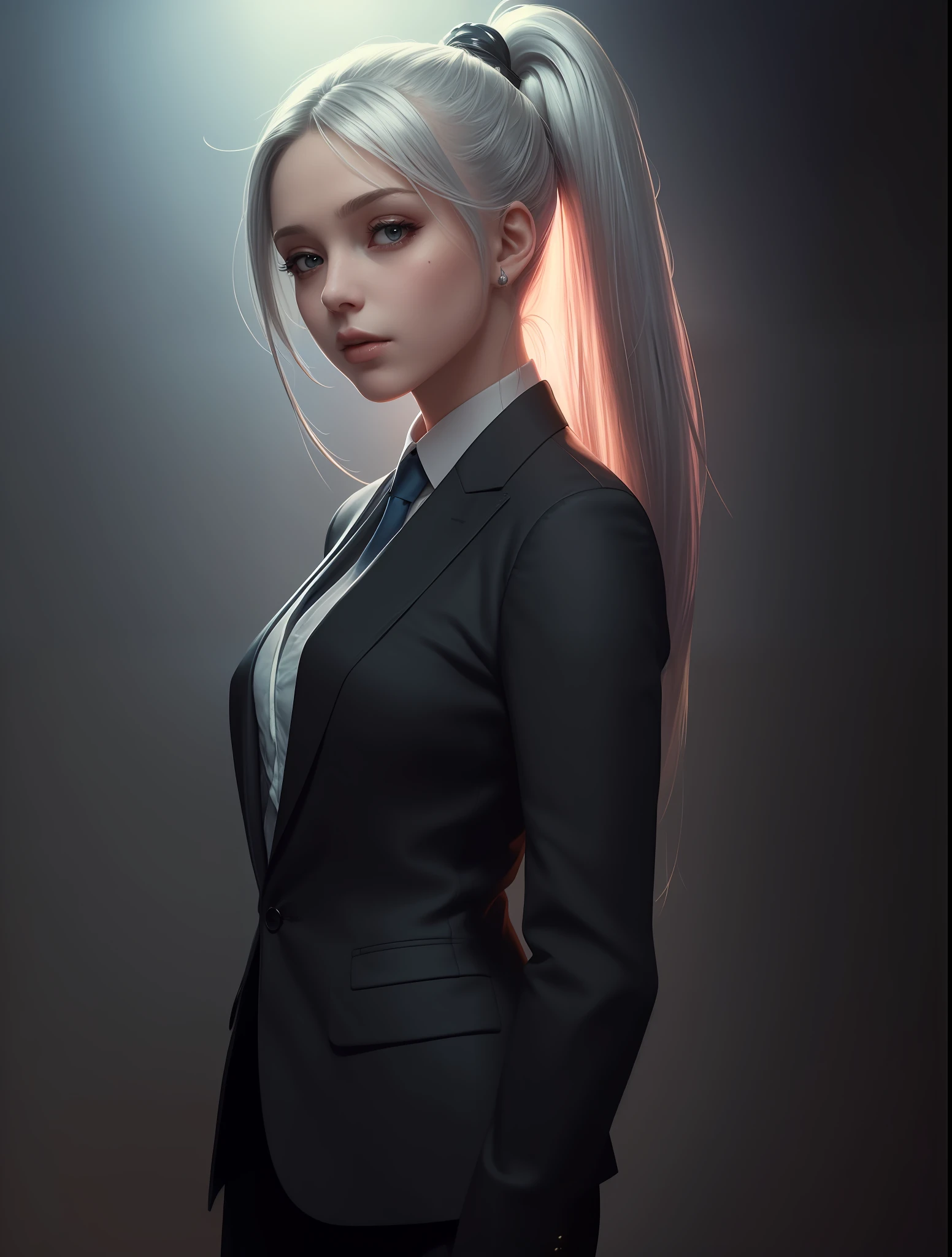 (Best quality, masterpiece, ArtStation, Fantasy Art:1.2), A beautiful young girl, (silver ponytail hair:1.1), (long black blazer suit, tie, trousers), character art, lights background