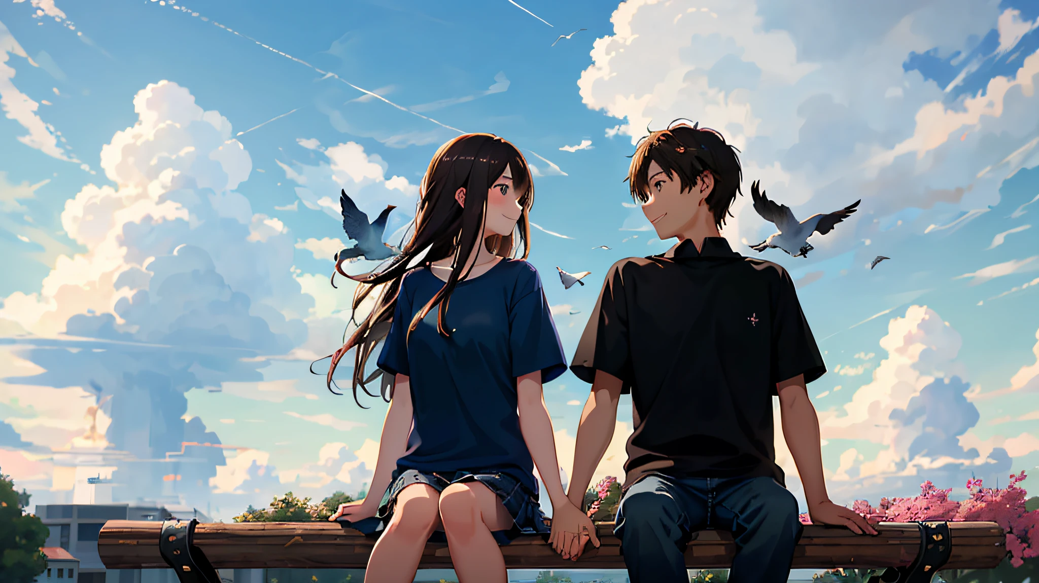(masterpiece:1.3), best quality, official art, 1girl, 1boy, (cute:1.3), sitting on a park bench, (holding hands), smiling, blushing, (bright), (:D:0.6), sun light, cumulonimbus clouds, birds