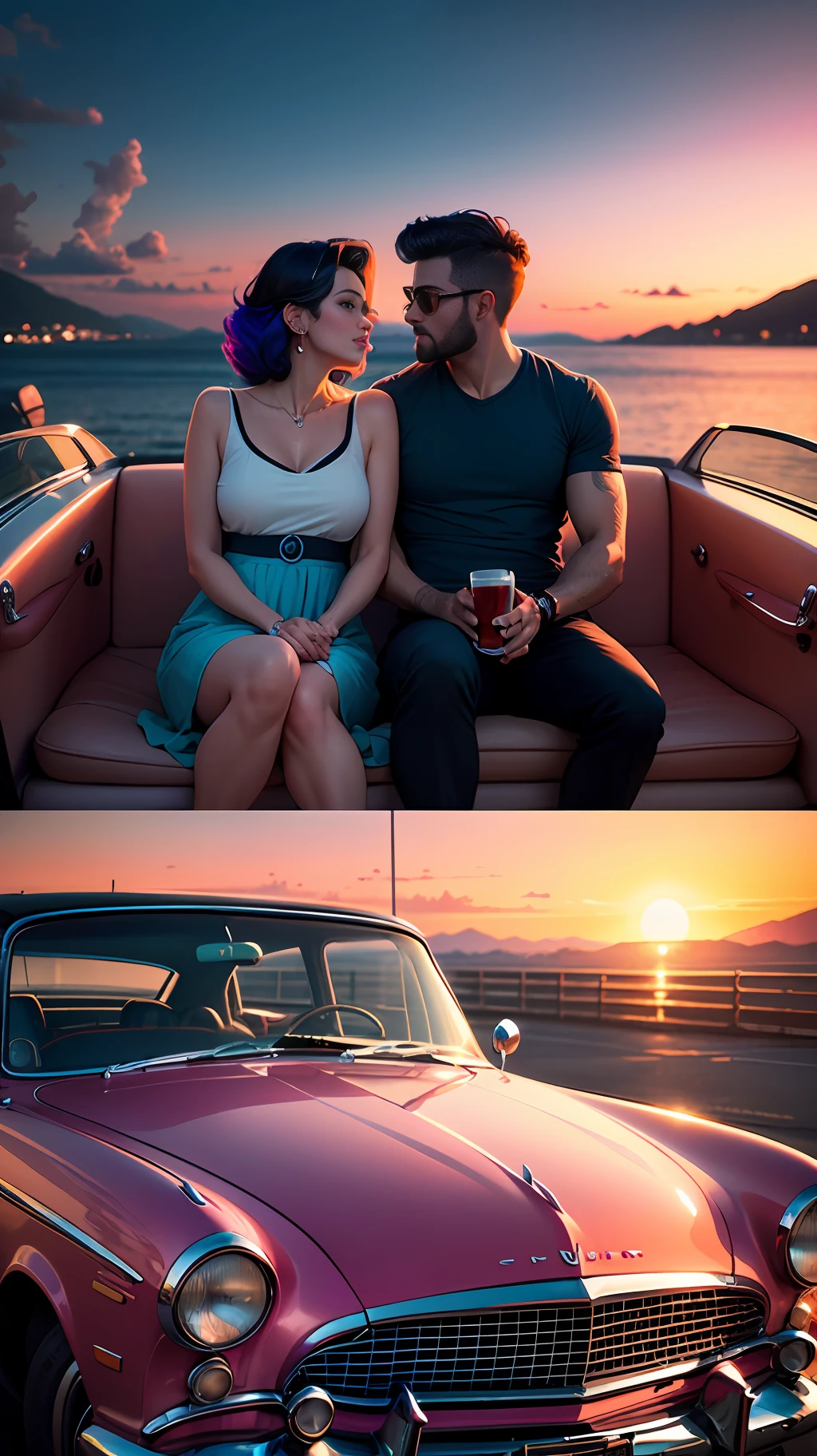 "A couple in love enjoying a summer evening in a vintage convertible car, com o horizonte da cidade retratado em cores vibrantes do Synthwave."
Use neon and saturated tones to highlight the characteristic colors of Synthwave, como rosa, azul e roxo. --auto