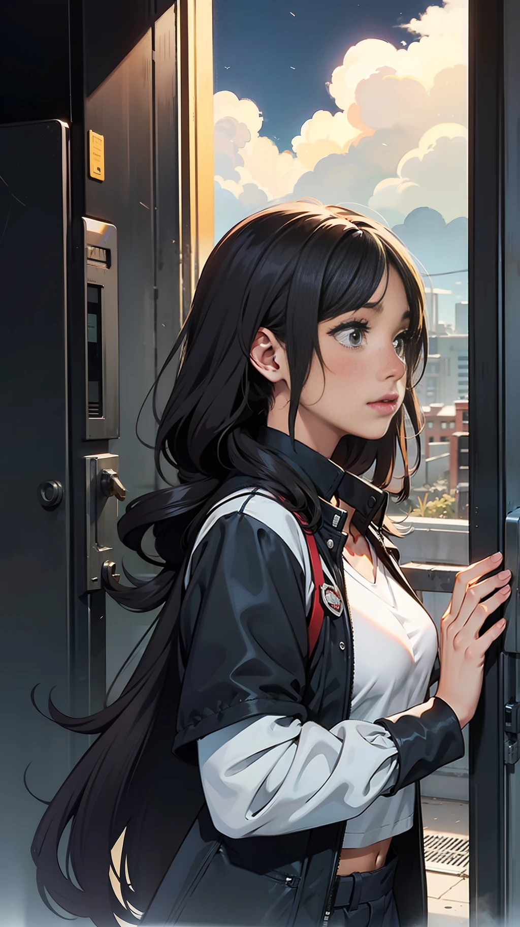 The dark-haired female partner travels to the end times