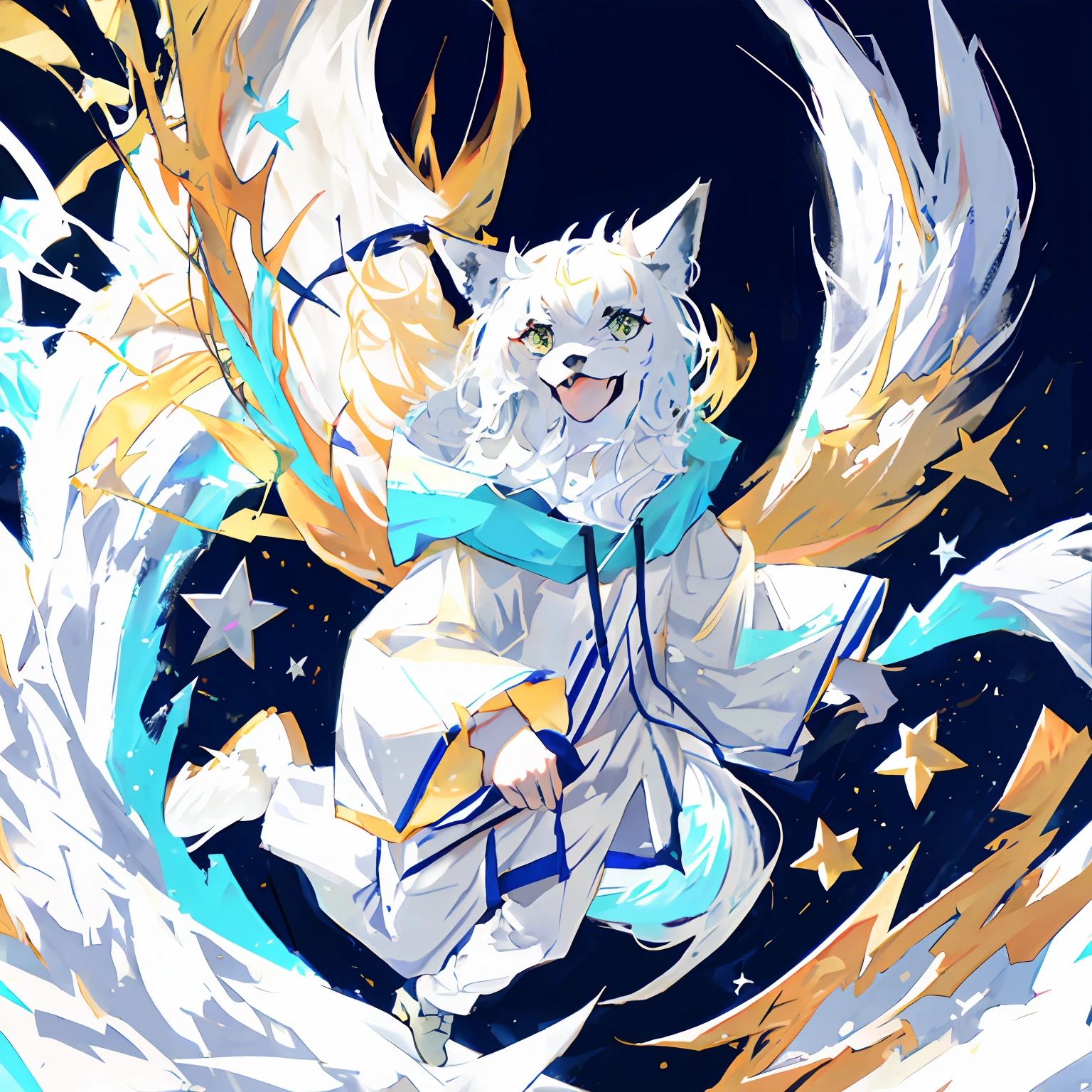 white wolf, Kemono, flying in the space with a lot of stars around