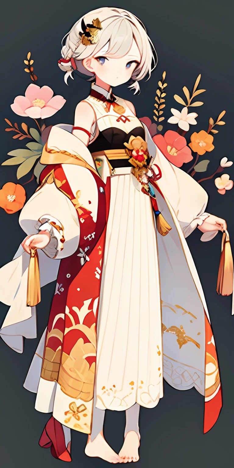 (masterpiece), best quality, 1girl, solo, clara, honkai_star_rail, white hair, plain background, standing, full body, barefoot,