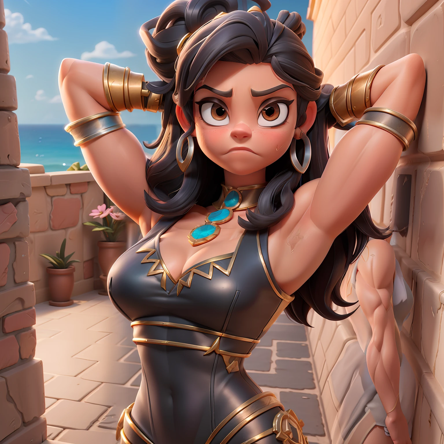 garota cadeirante ("Sarah Hyland") vestindo "Silver heroin costume", muscular arms, cabelos negros lisos, sobrancelhas grossas, sentada em uma "cadeira de rodas", "brawl stars",