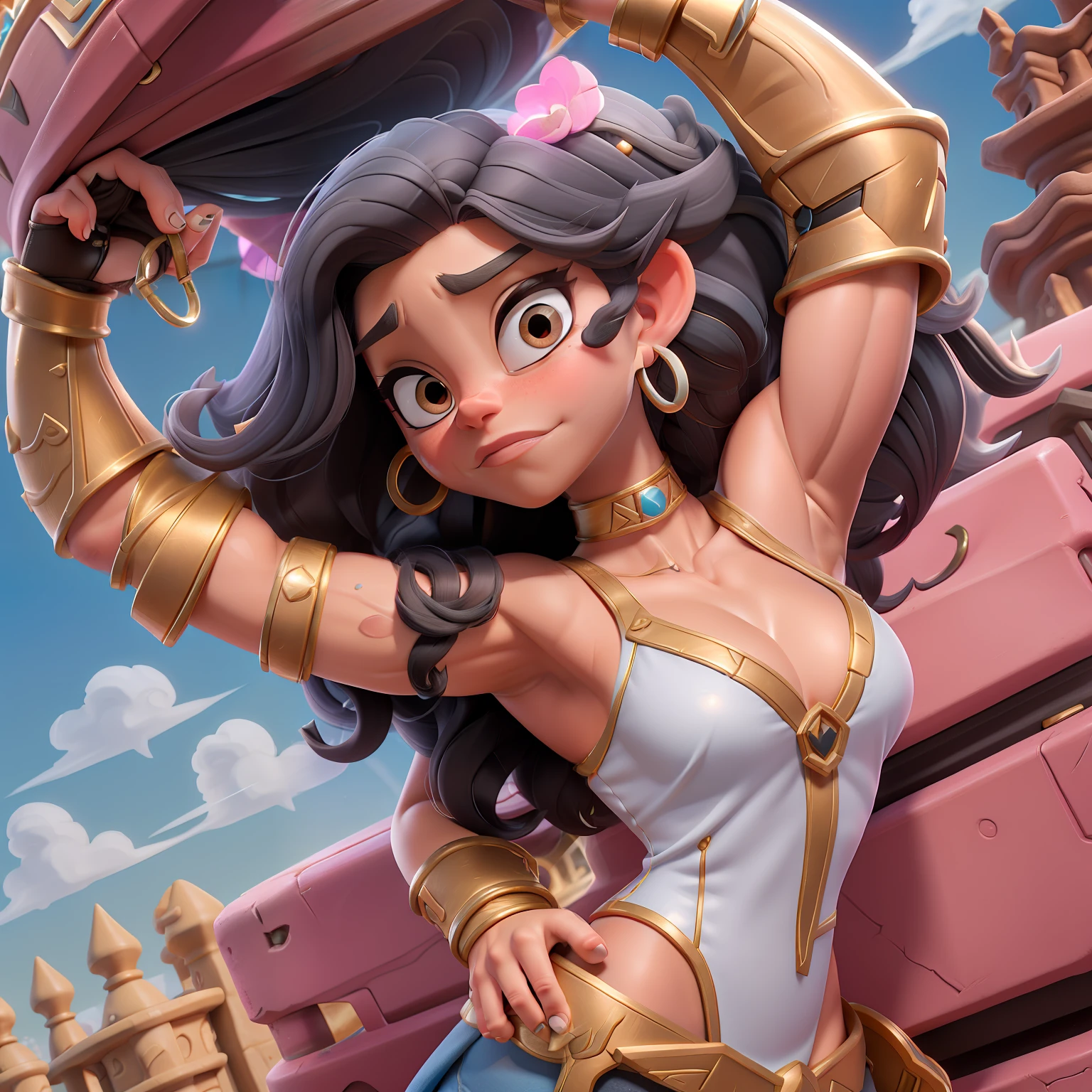 garota cadeirante ("Sarah Hyland") vestindo "Silver heroin costume", muscular arms, cabelos negros lisos, sobrancelhas grossas, sentada em uma "cadeira de rodas", "brawl stars",