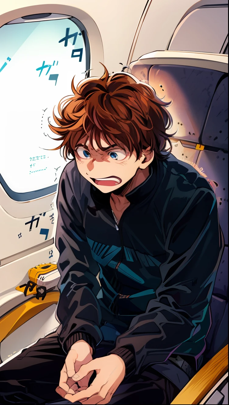 a anime of a man with a brown hair, sitting, black jacket, chills, fear, on the plane, phobia, color manga, manga color, color manga, color manga panel, simple background