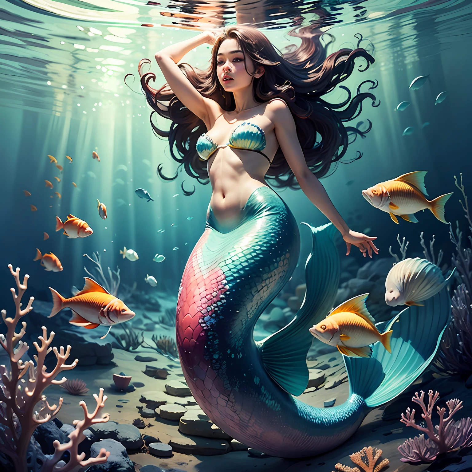 Mermaid on a coral reef back、Colorful fish、Realistic body shape、Shining scales、Seashell beds、Hair drifting in the waves、Glossy appearance、 --auto
