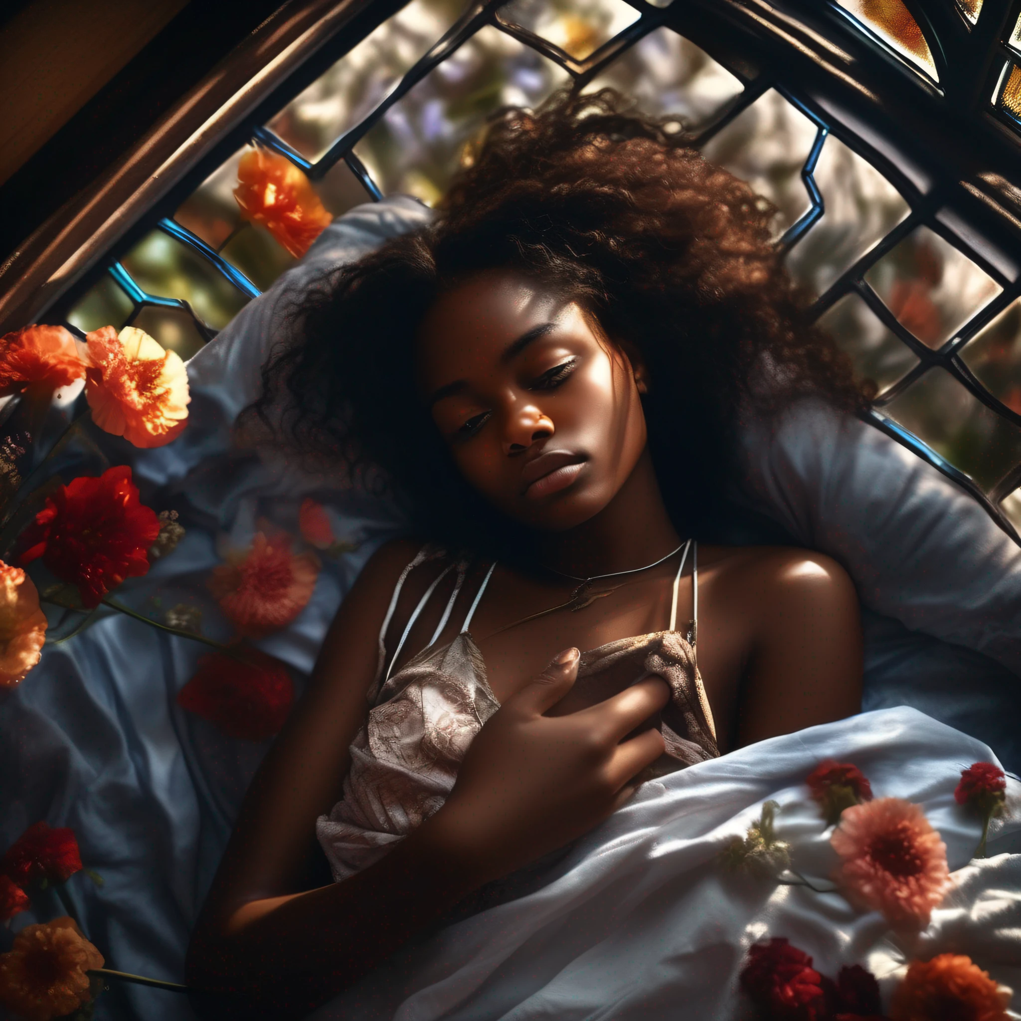 Beautiful agony 18 year old female with dark skin laying in bed top view, Masterpiece, highest quality, high resolution, extreme detail, 1 woman, d, 3/4 long shot, cowboy shot, greenhouse, flowers, next to large windows, stained glass windows, hotel room location