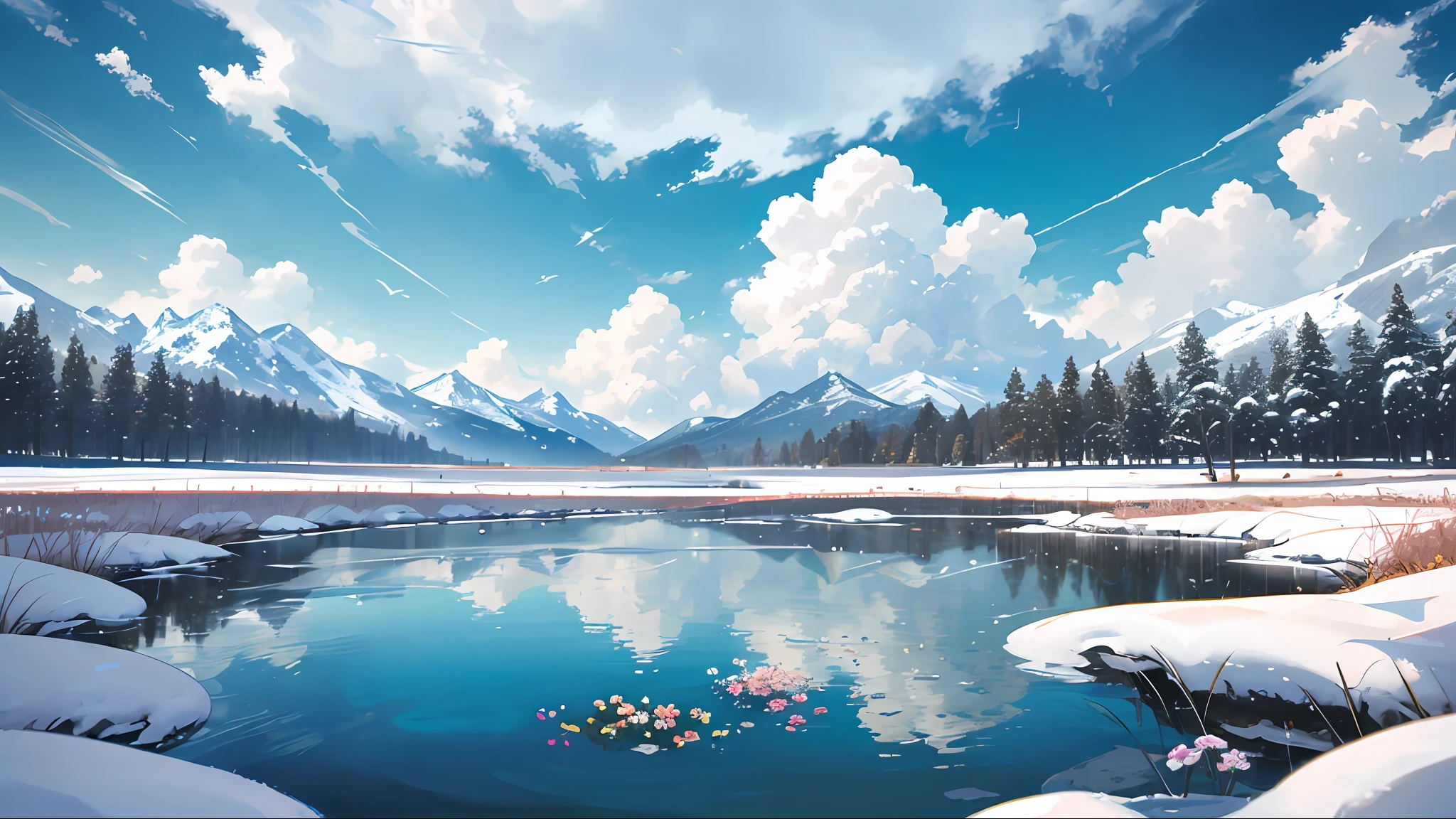 Summer, meadows, few small flowers, clear lakes, sheep, heaven, large clouds, blue sky, hot weather, HD detail, wet watermark, hyper-detail, cinematic, surrealism, soft light, deep field focus bokeh, distant view is snowy mountains, ray tracing, and surrealism. --v6
