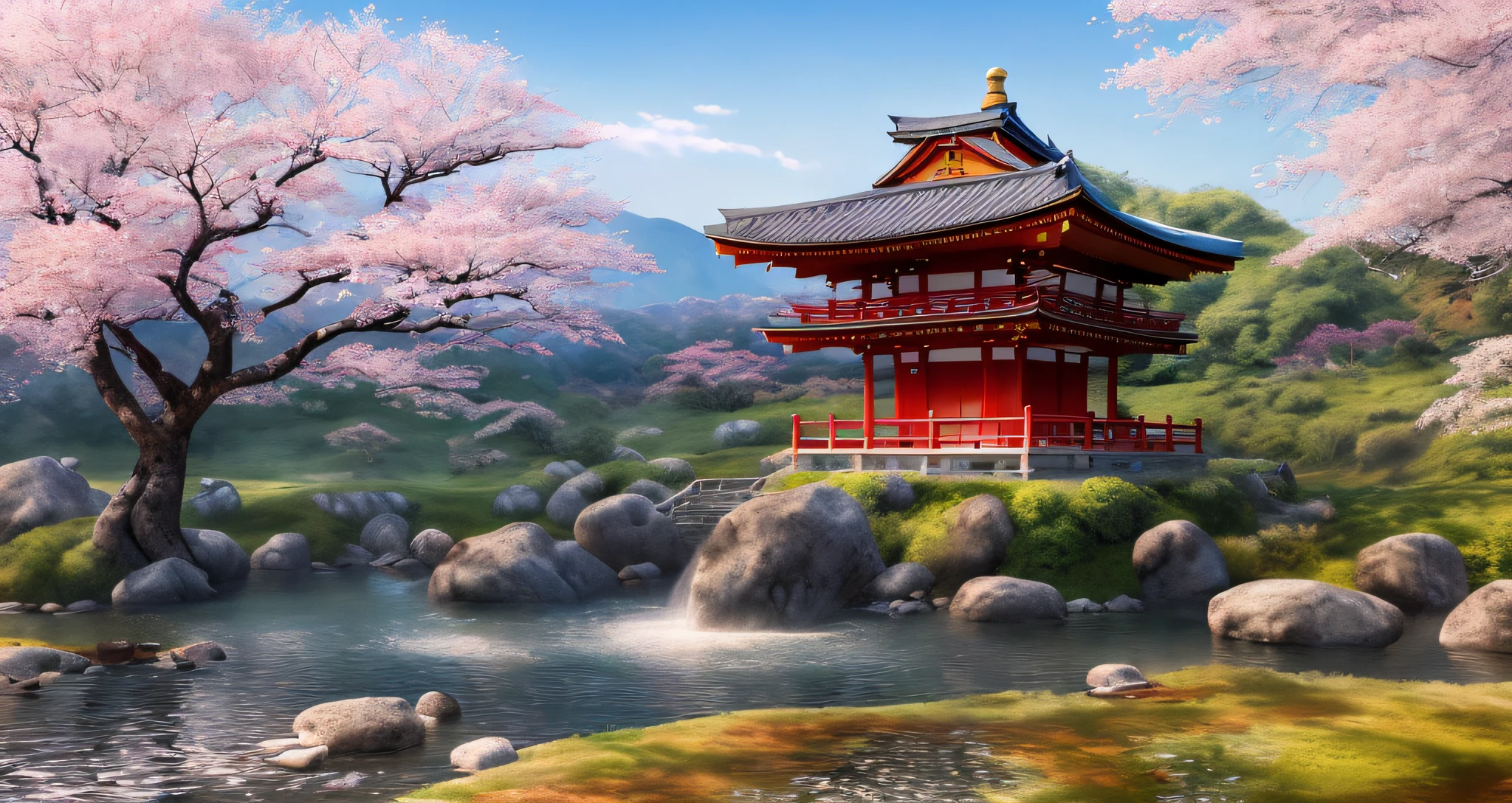 Landscape,1920×1080 p,cold and hot scene, Japanese samurai,face detailed,cherry blossom tree,hill,Tample, masterpiece,4k resolution, realisms, Japanese girl,cute