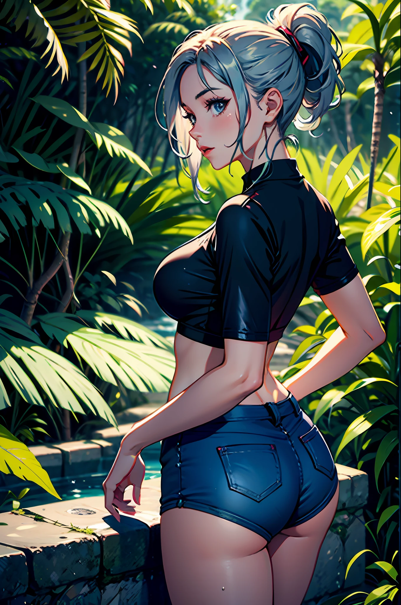1girls,Explorer,Delicate and beautiful face,Wheat-colored skin,The lips open slightly,perspire,Ponytail braid,Busty boobs,Convex buttocks,Toned body,Dressed in silver tight short sleeves,Soaked top,Black denim shorts,White sport socks,Hiking shoes,perfectly proportioned,Liquid effect,Detailed clothing details,cave,A jungle,tumulus,rivers,high quailty,master-piece,8K,