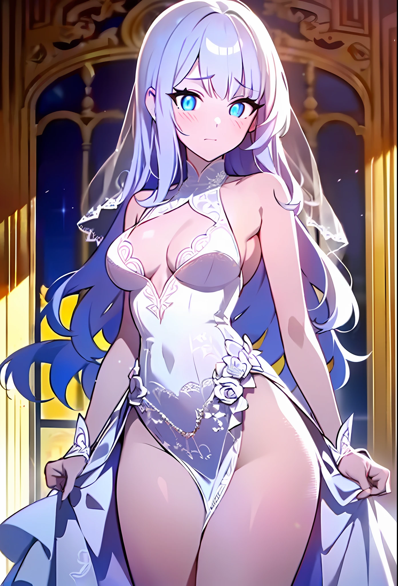 {{{{masterpiece, extremely detailed, intricate details, soft focus, 8K, highres, depth of field, absurdres, high quality facial shadowing, dynamic shadowing, extreme shaders, cinematic lighting, perfect lighting, soft lighting, hazy lighting, blurry foreground, lens flare}}}}, best quality, asian qualities, {front view}, (solo:1.2), (beautiful young girl:1.3), high school girl, {{{extremely detailed girl, perfect anatomy, perfect body}}}, (beautiful-detailed waist-length hair:1.3), (pure white hair:1.3), (long luscious hair:1.3), (multi-layered hair:1.3), (semi-curly hair:1.2) (hair splayed out:1.2), beautiful-detailed facial structure, detailed beautiful face:1.3, sexy face, cute face, slender facial structure, (detailed face:1.33), big eyes, (detailed glowing eyes:1.2), glowing bright blue eyes, (detailed facial expression:1.1), shy, embarrassed, detailed-slight red blush, (detailed boobs:1.3), small size boobs:1.4, (slim waist:1.1), (slim legs:1.1), standing up, (detailed long princess wedding dress:1.4), detailed pure white long evening dress, detailed high slit-leg dress:1.2, (detailed white high heels:1.3), nsfw, lewd