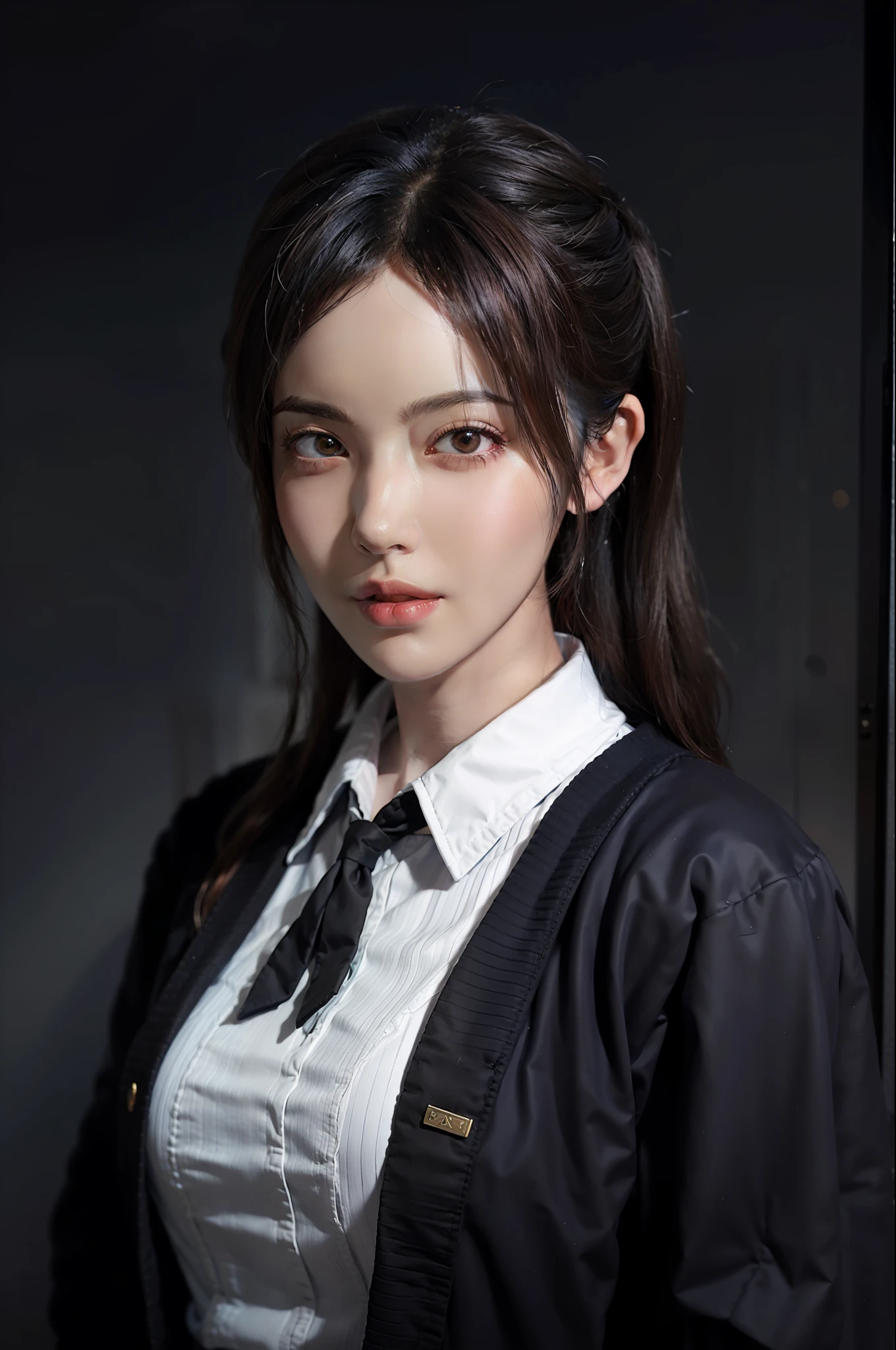 Hyperrealist portrait of female by david hockney and alphonse mucha,fantasy art, photo realistic, dynamic lighting, artstation, poster, volumetric lighting, very detailed faces, 4 k, award winning,, 1girl, in the dark, deep shadow, low key,cowboy shot,(official clothing:1.4) ,long hair,white hair,