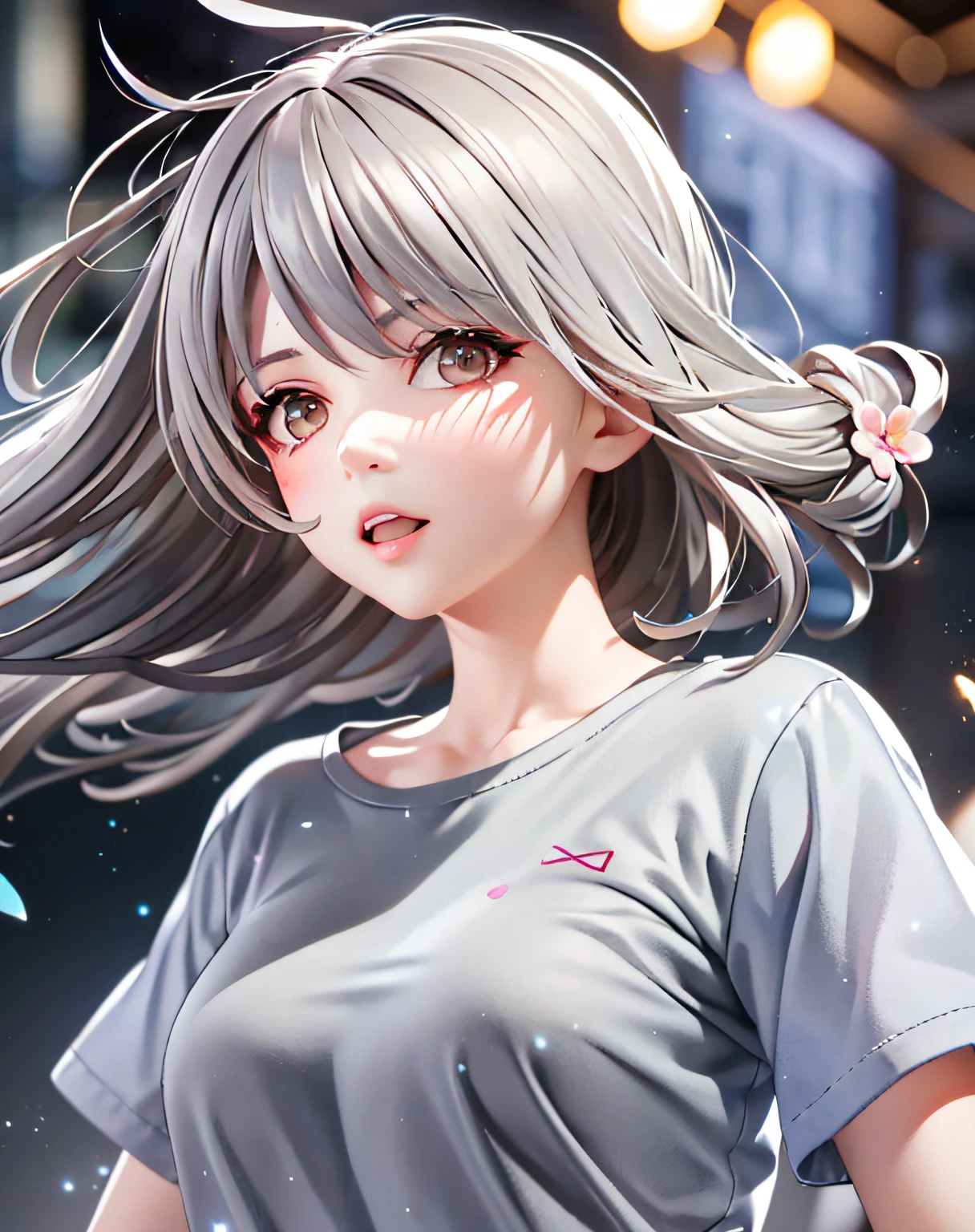 Best Quality, Realistic, 8K, High Resolution, 1 Girl, Woman, (Skin Dents), (Room), (Professional Lighting, Bokeh), (Street), (People, Crowd:0.6), Market, (Night:1.2),(Gray Hair:2.0), (Shirt:1.5), (Portable:0.6), Gorgeous, Blooming, (Floating Hair), (Light Particles, Lens Glow, Glow Particles: 0.6), (Dynamic Pose: 1.2), Soft Light,
